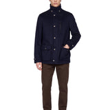 Giacca in lana vergine con inserti in nappa in blu 