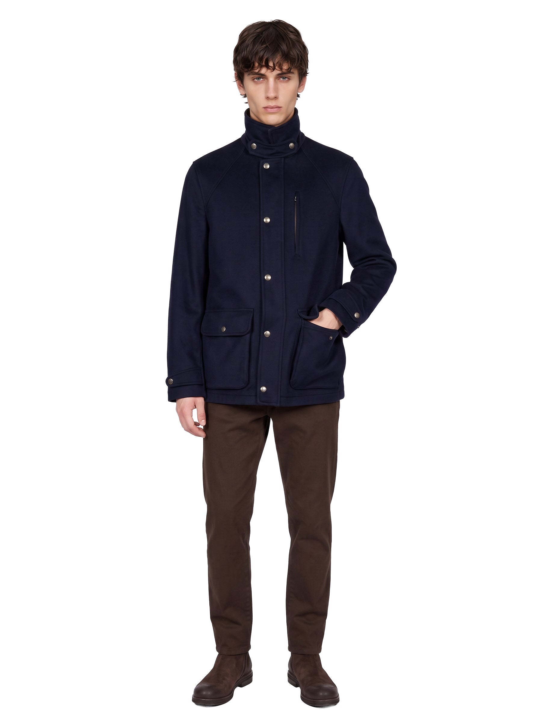 Giacca in lana vergine con inserti in nappa in blu 