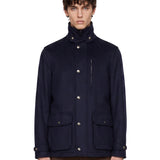 Giacca in lana vergine con inserti in nappa in blu 
