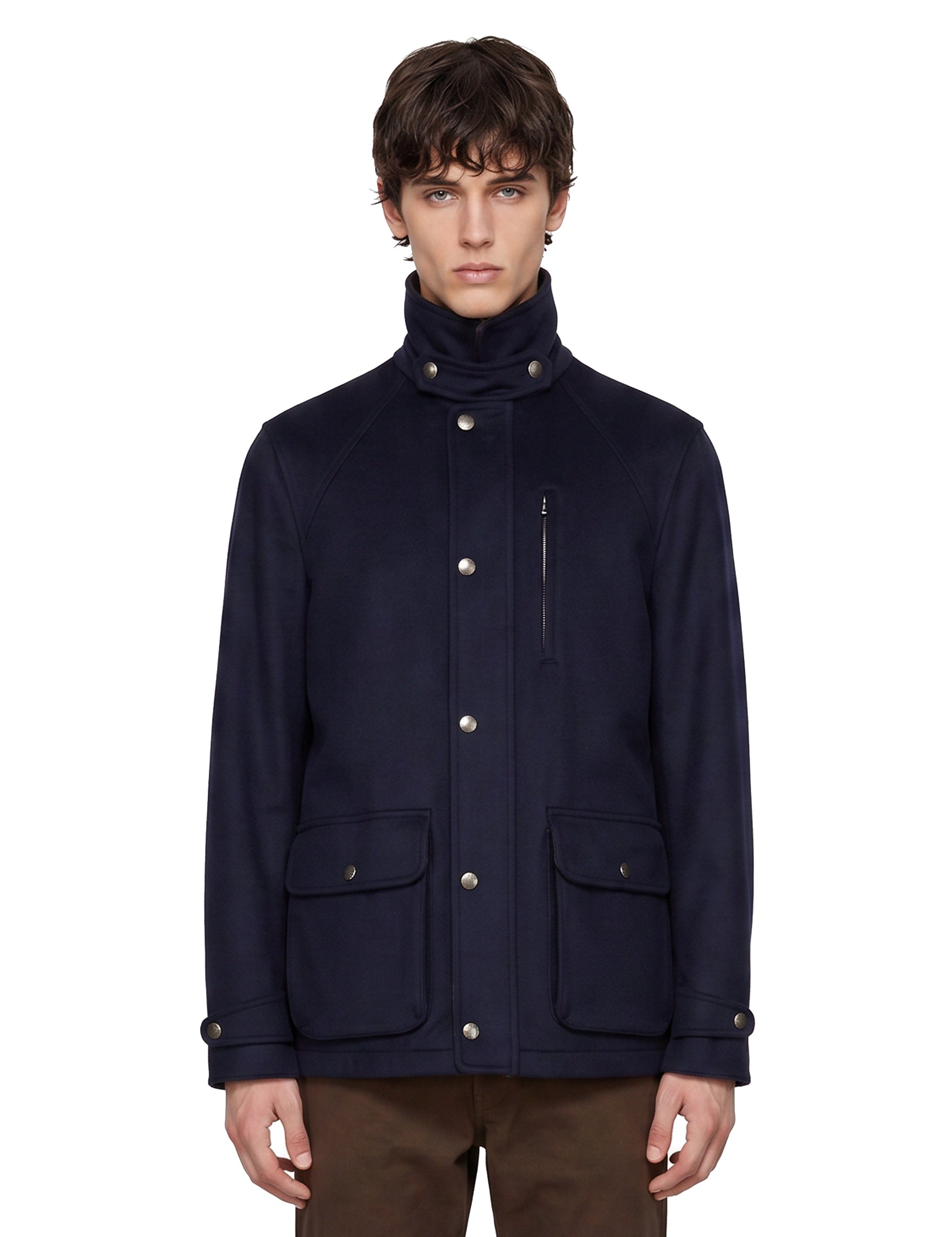 Giacca in lana vergine con inserti in nappa in blu 