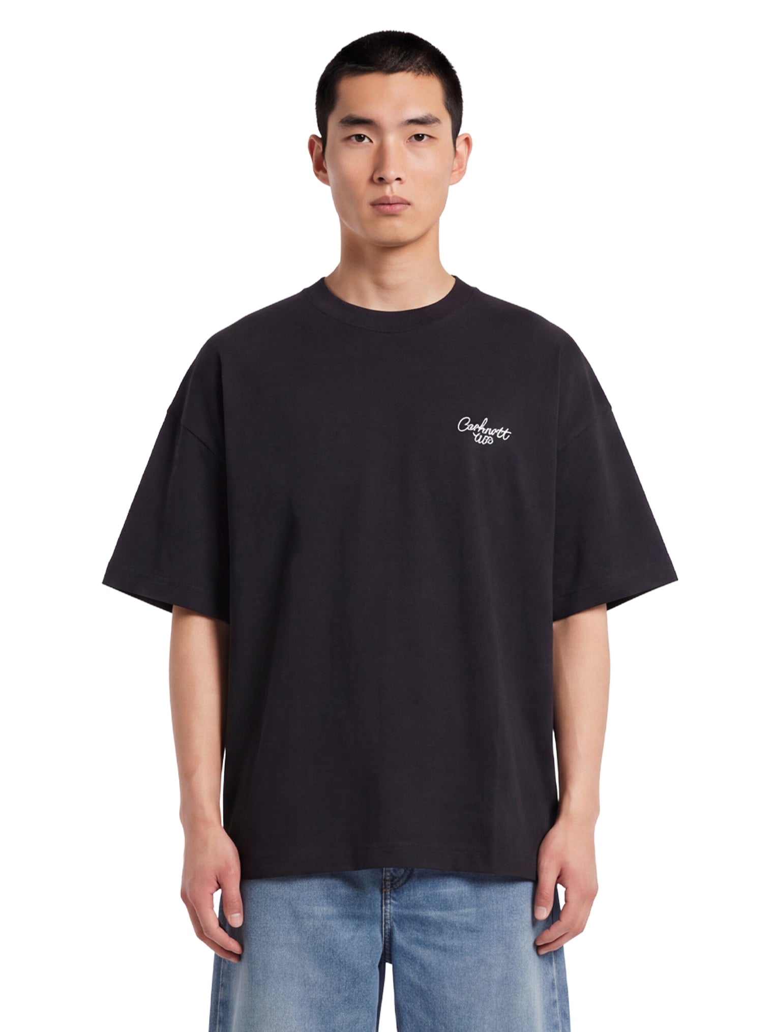 T-shirt a mancihe corte signature script in nero 