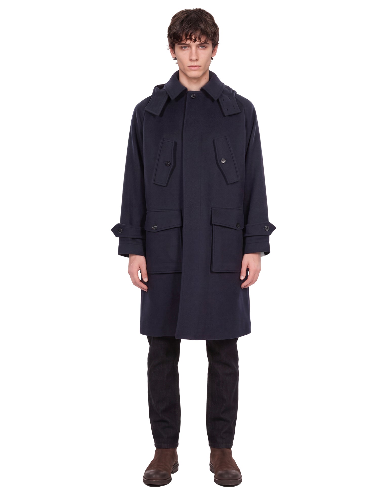 Cappotto con tasche e cappuccio rimovibile in blu 