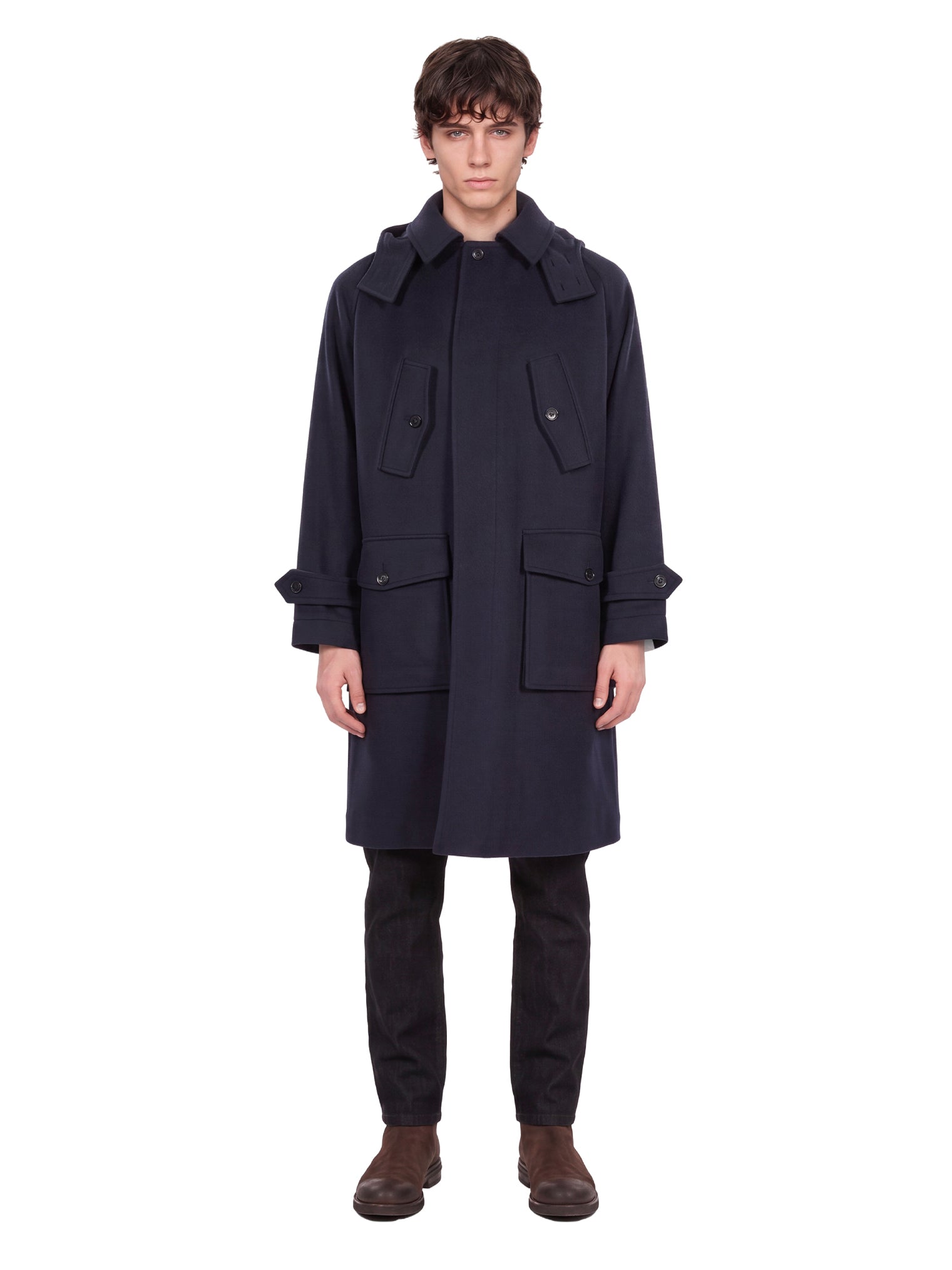 Cappotto con tasche e cappuccio rimovibile in blu 