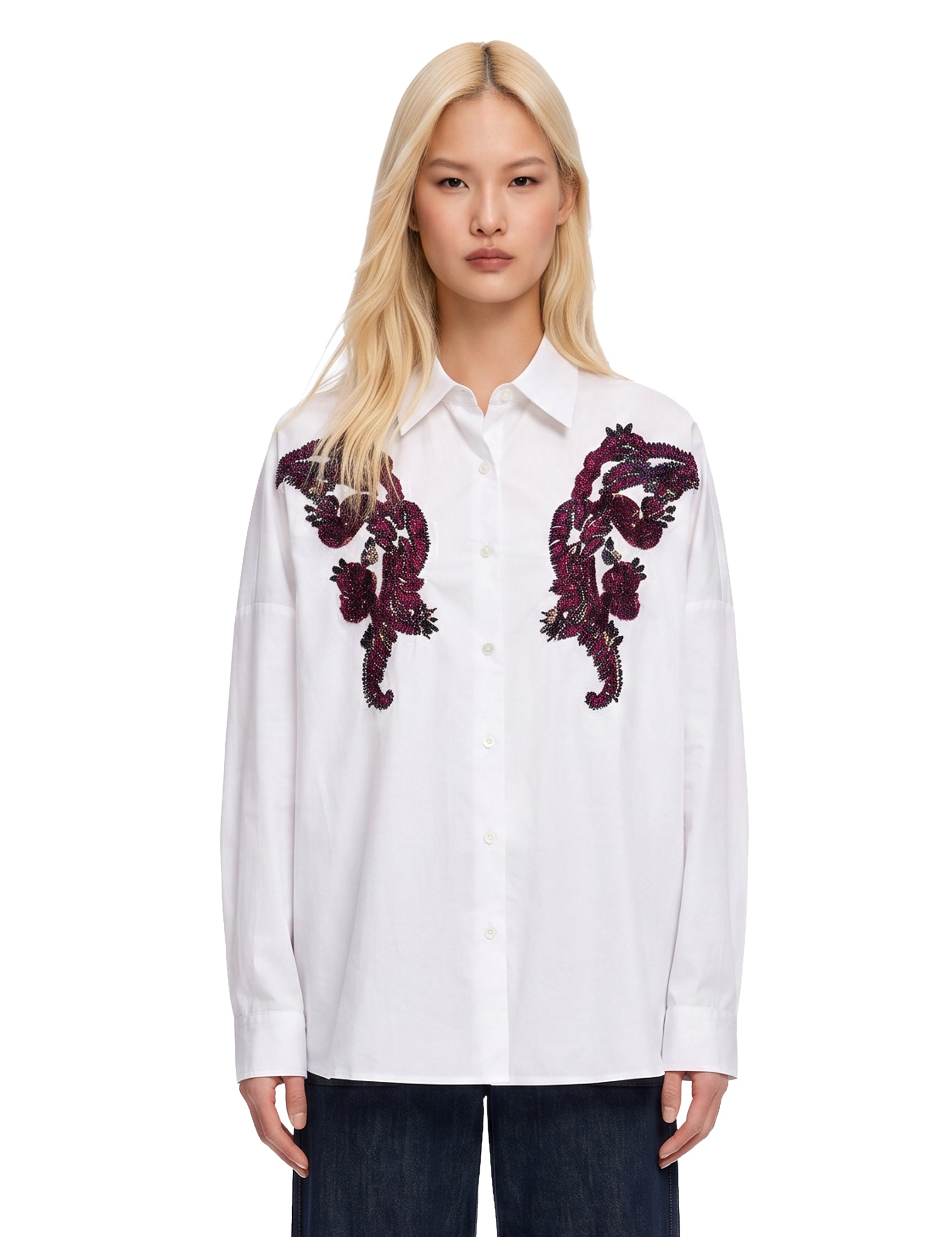 Camicia con ricami floreali 3D in bianco 