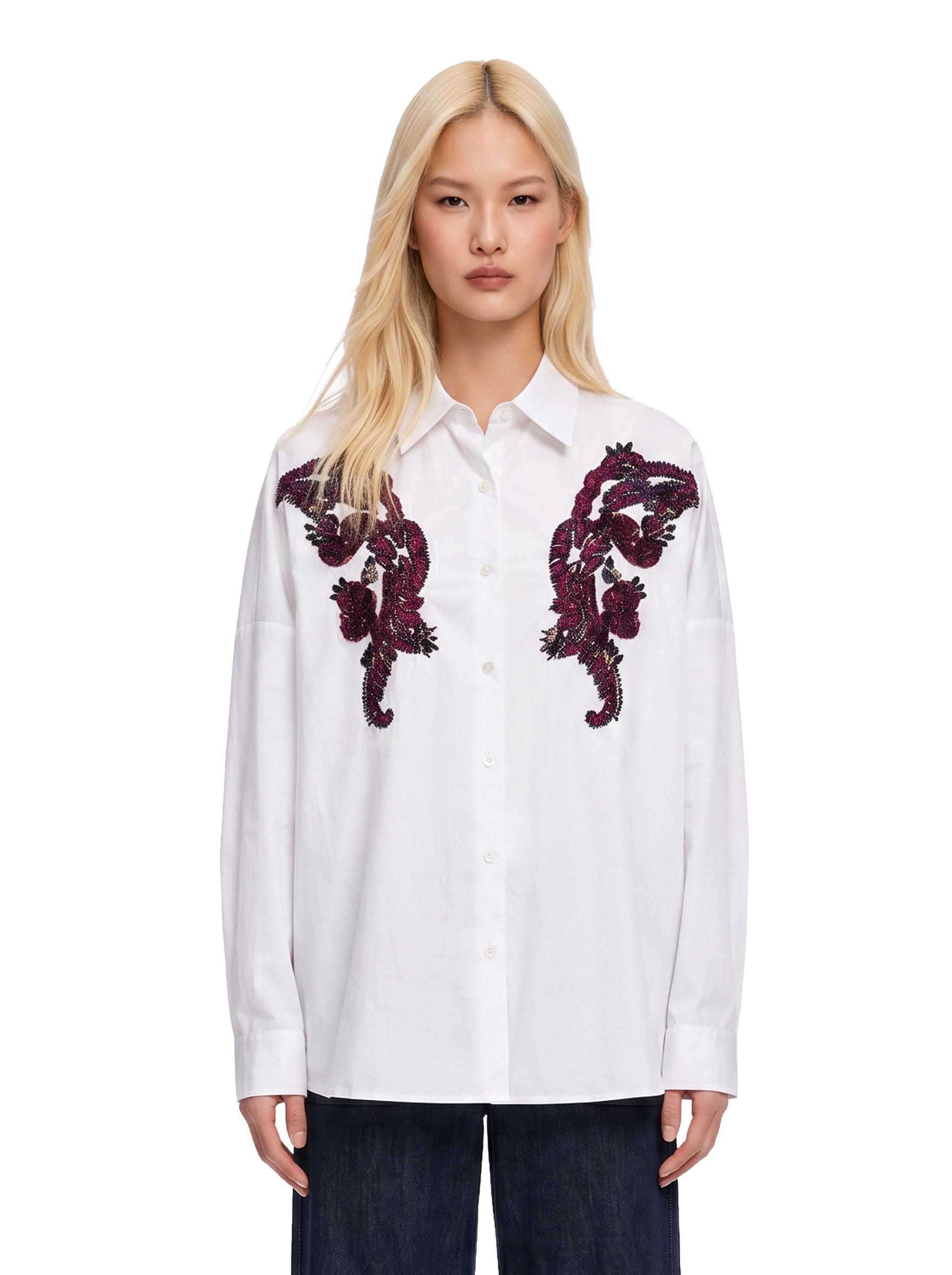 Camicia con ricami floreali 3D in bianco 
