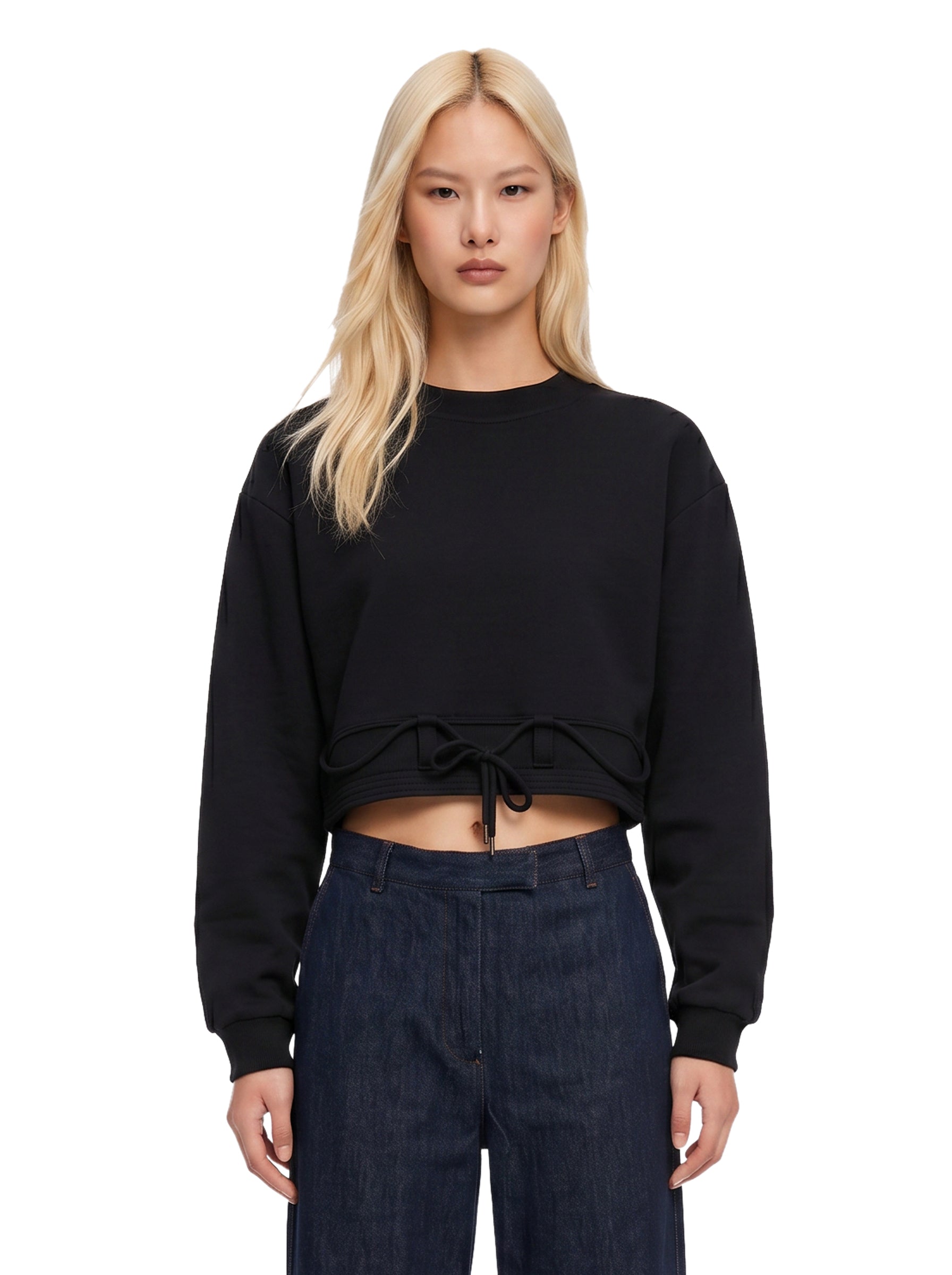Felpa crop girocollo con coulisse nera 