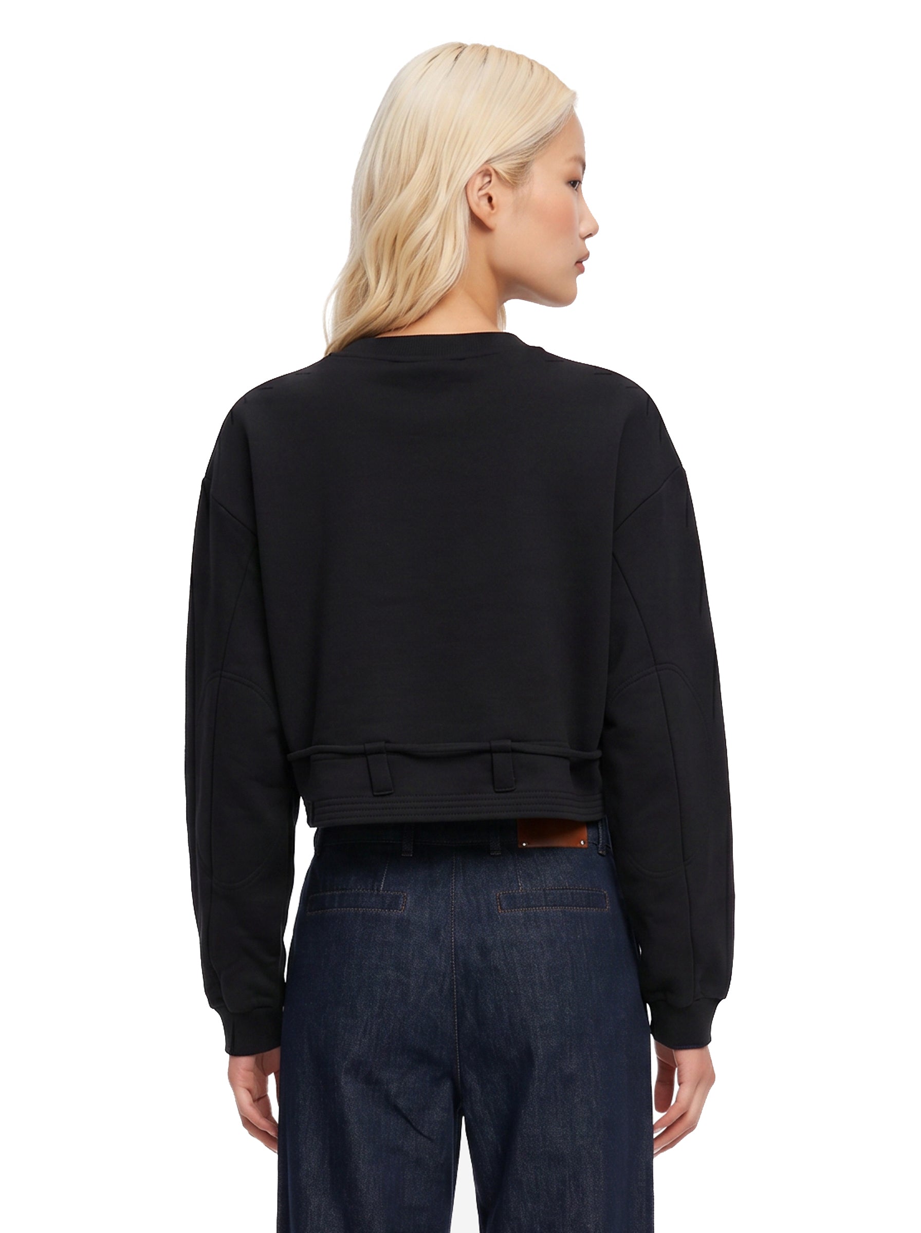 Felpa crop girocollo con coulisse nera 