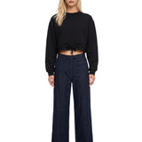 Felpa crop girocollo con coulisse nera 
