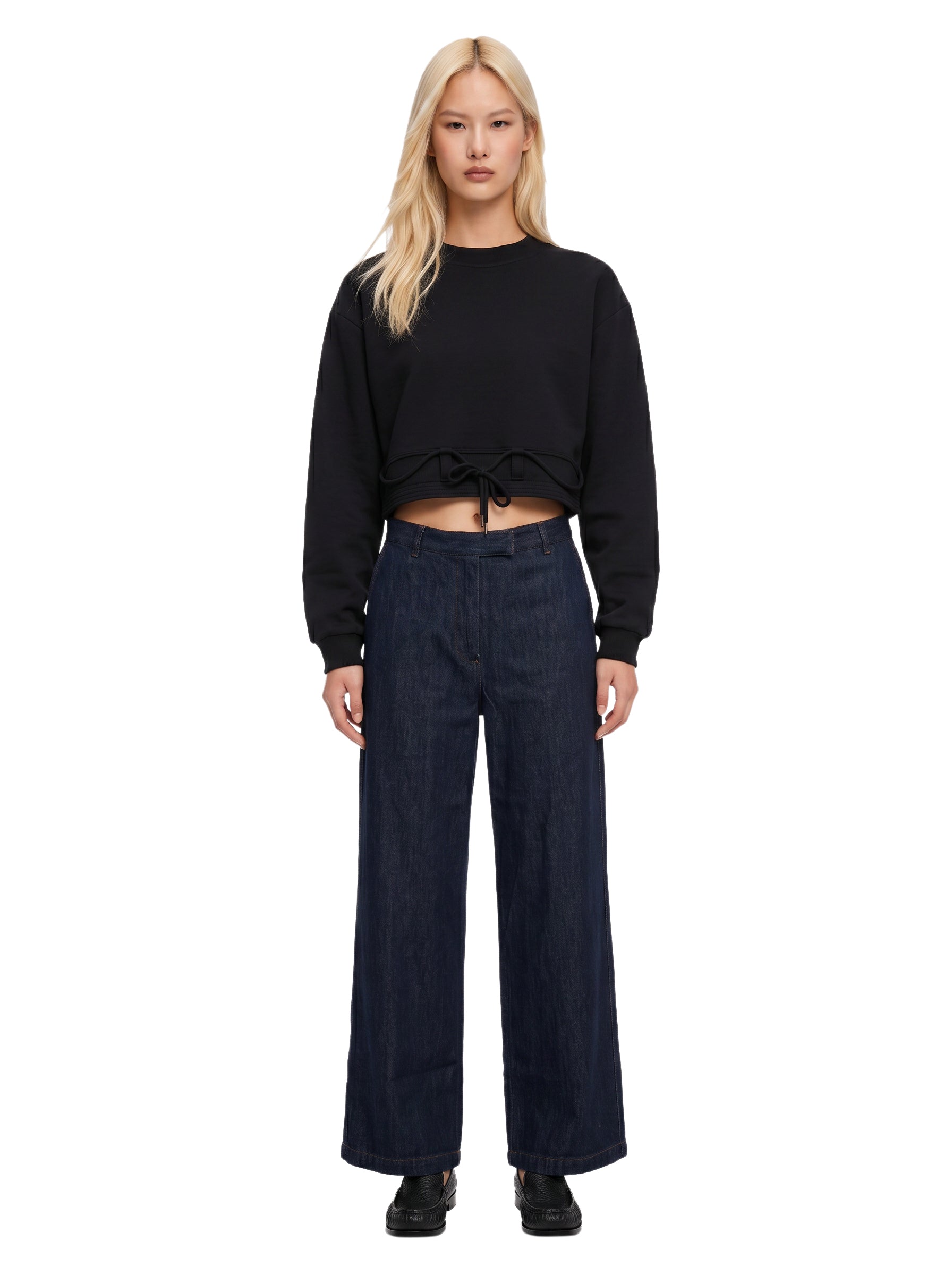 Felpa crop girocollo con coulisse nera 