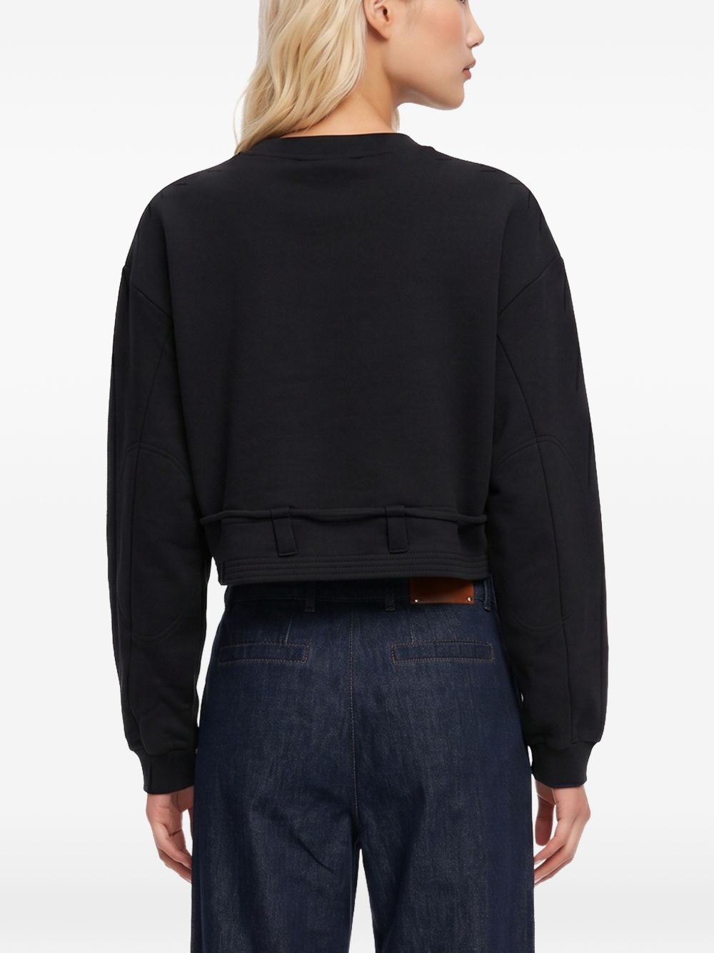Felpa crop girocollo con coulisse nera 