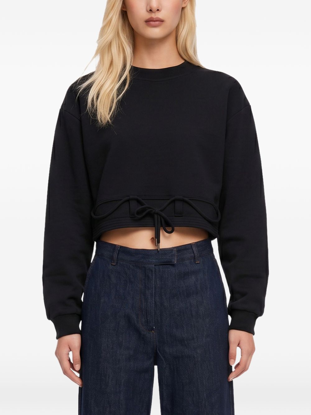 Felpa crop girocollo con coulisse nera 