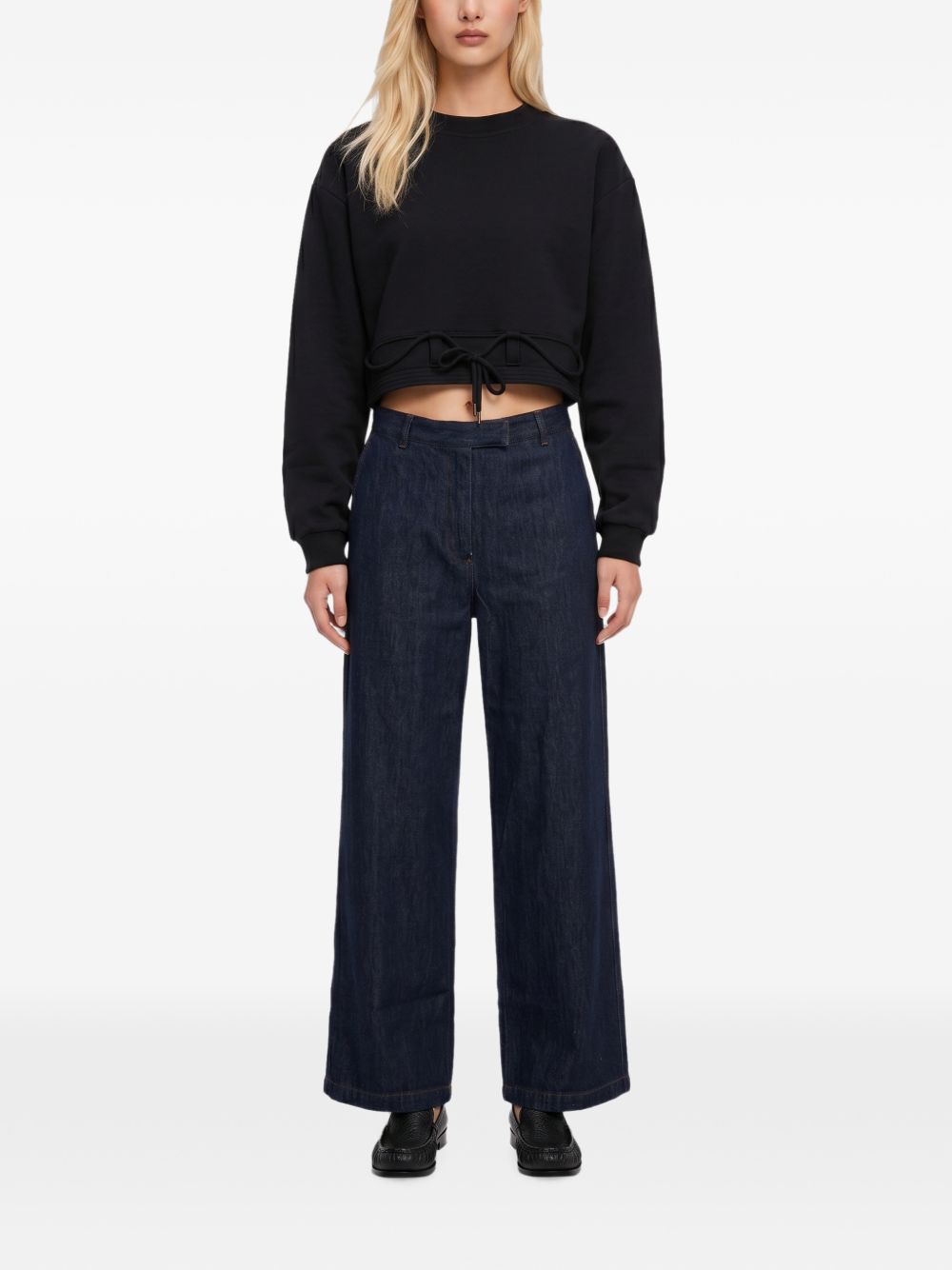 Felpa crop girocollo con coulisse nera 