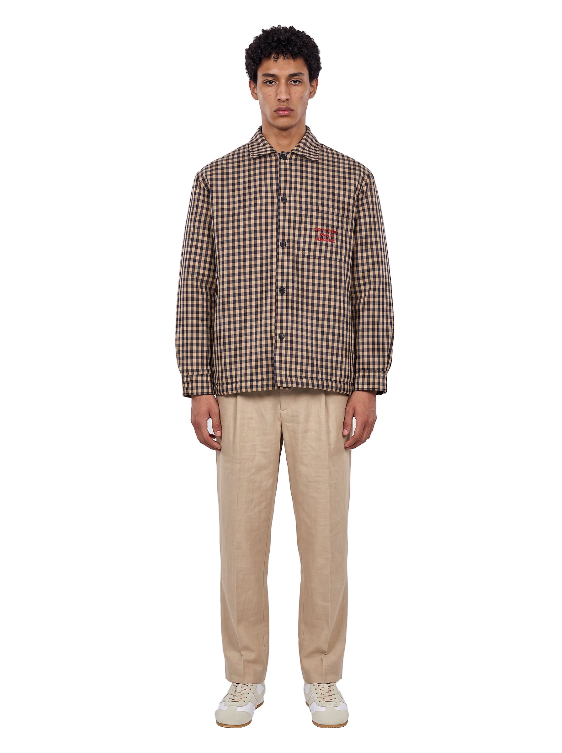 Giacca-camicia a quadri con slogan multicolore 