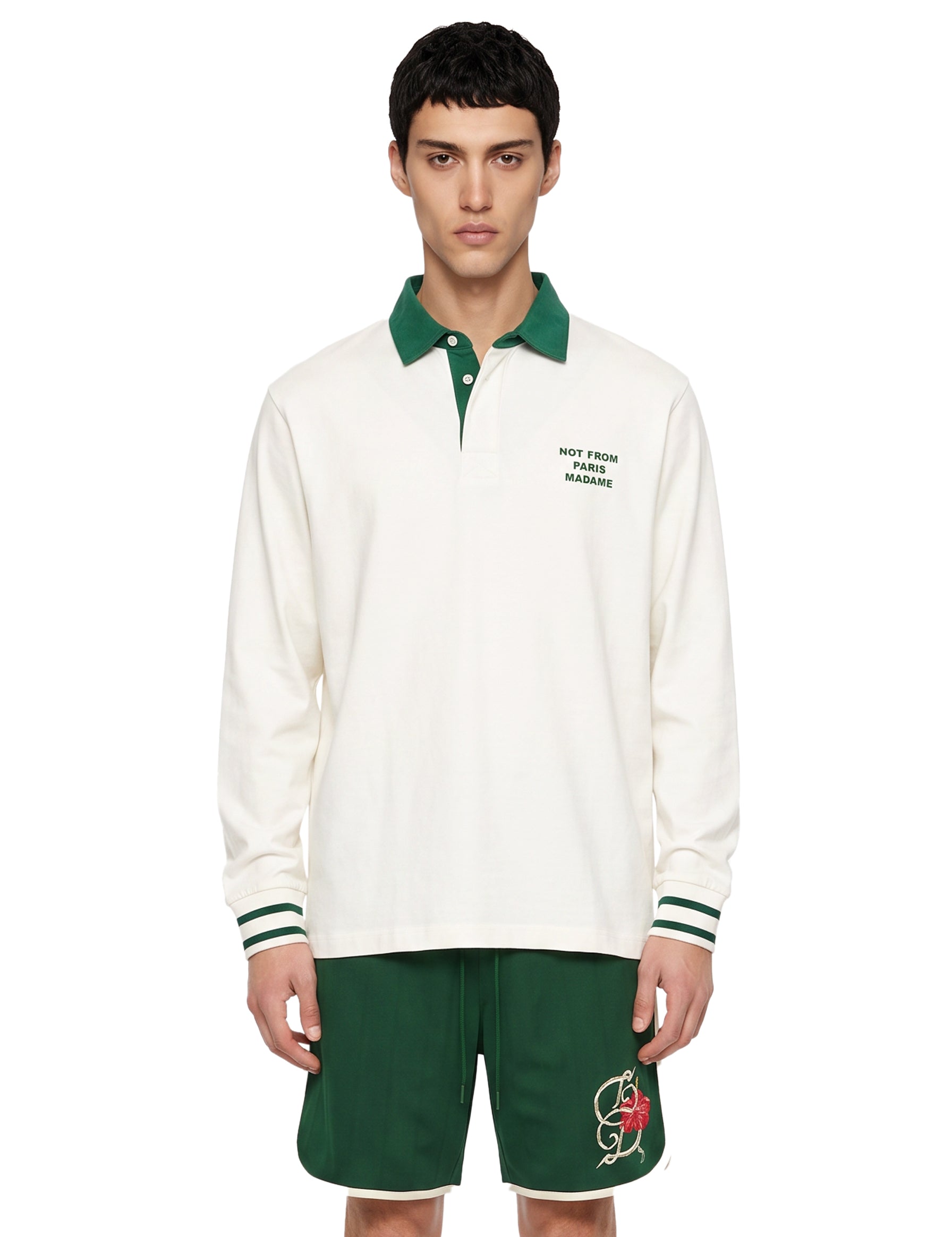 Polo con slogan Not From Paris Madame in bianco e verde 