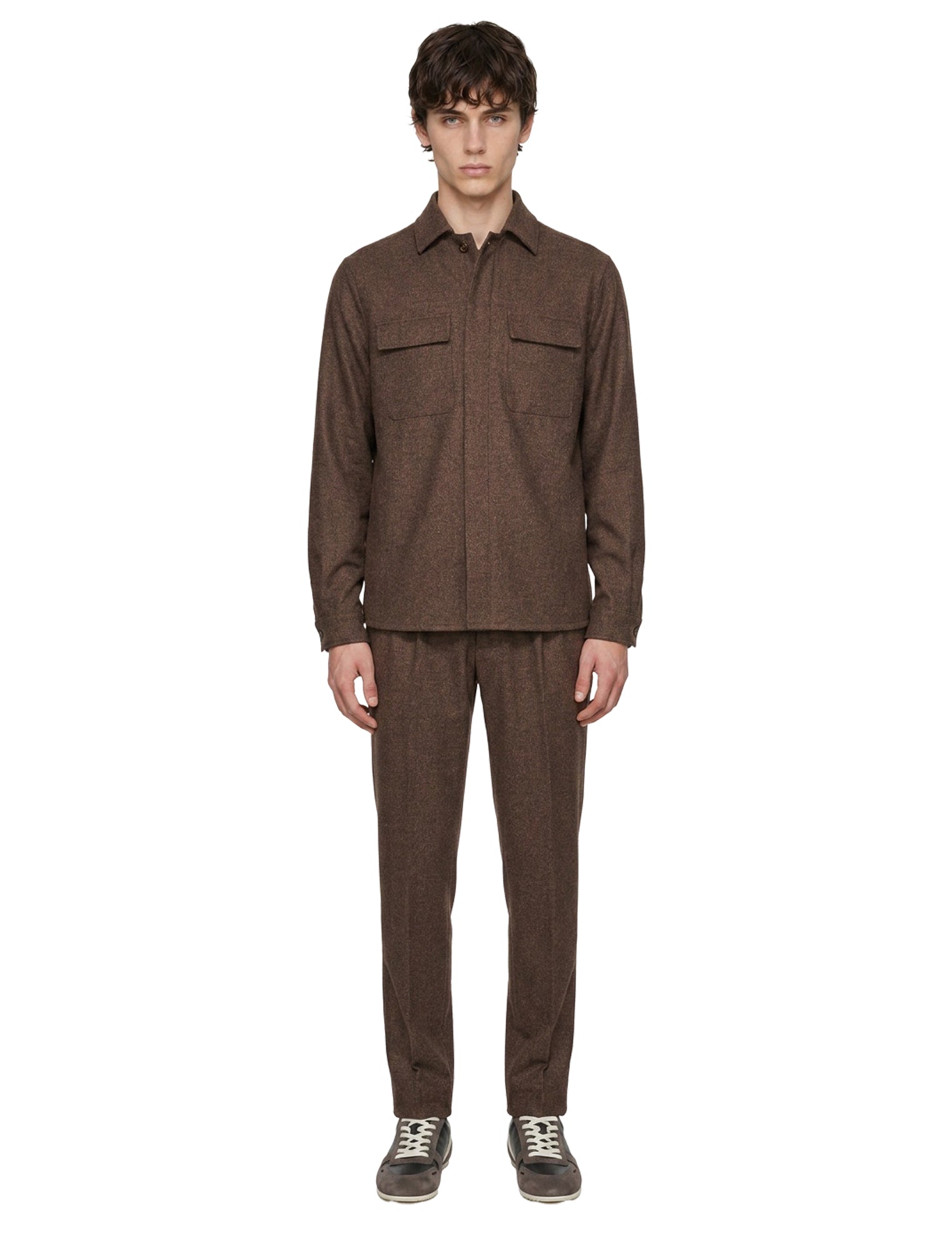 Completo con overshirt in lana marrone 
