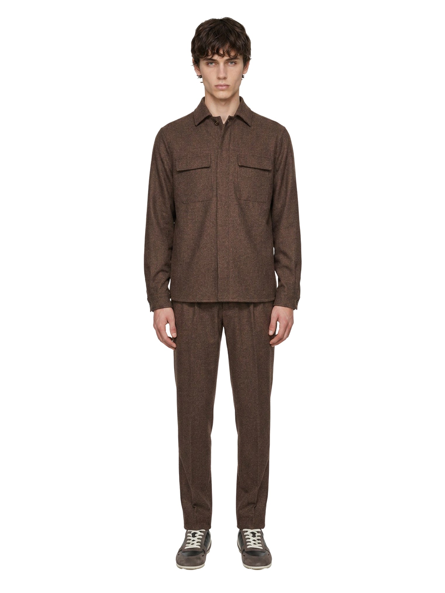 Completo con overshirt in lana marrone 