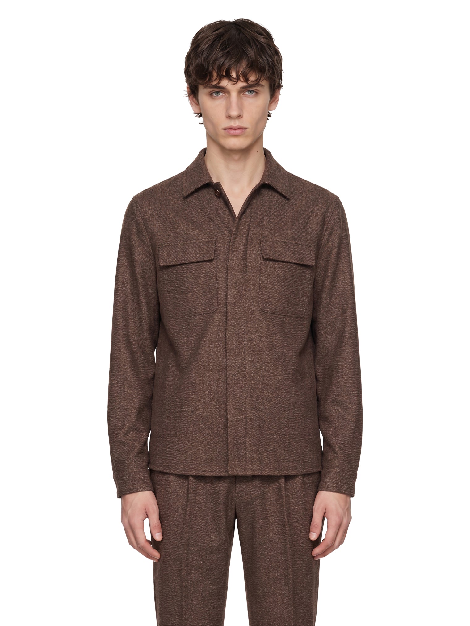 Completo con overshirt in lana marrone 