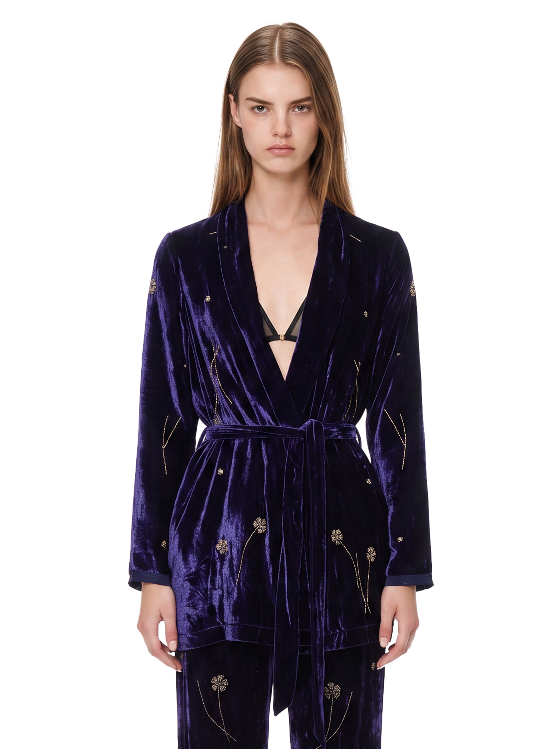 Kimono velluto fleurs orient in blu 