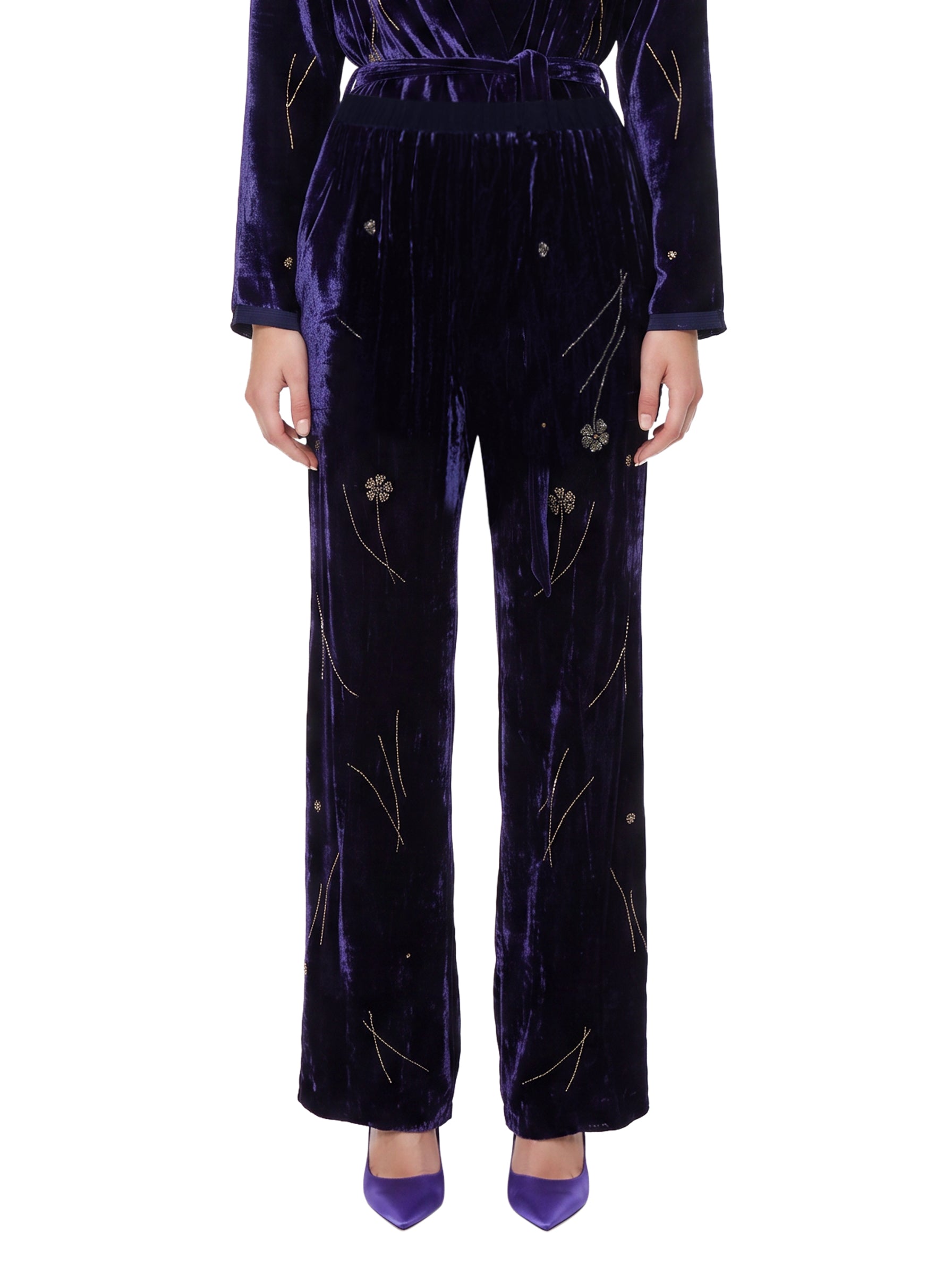 Pantalone fleurs orient in velluto blu 