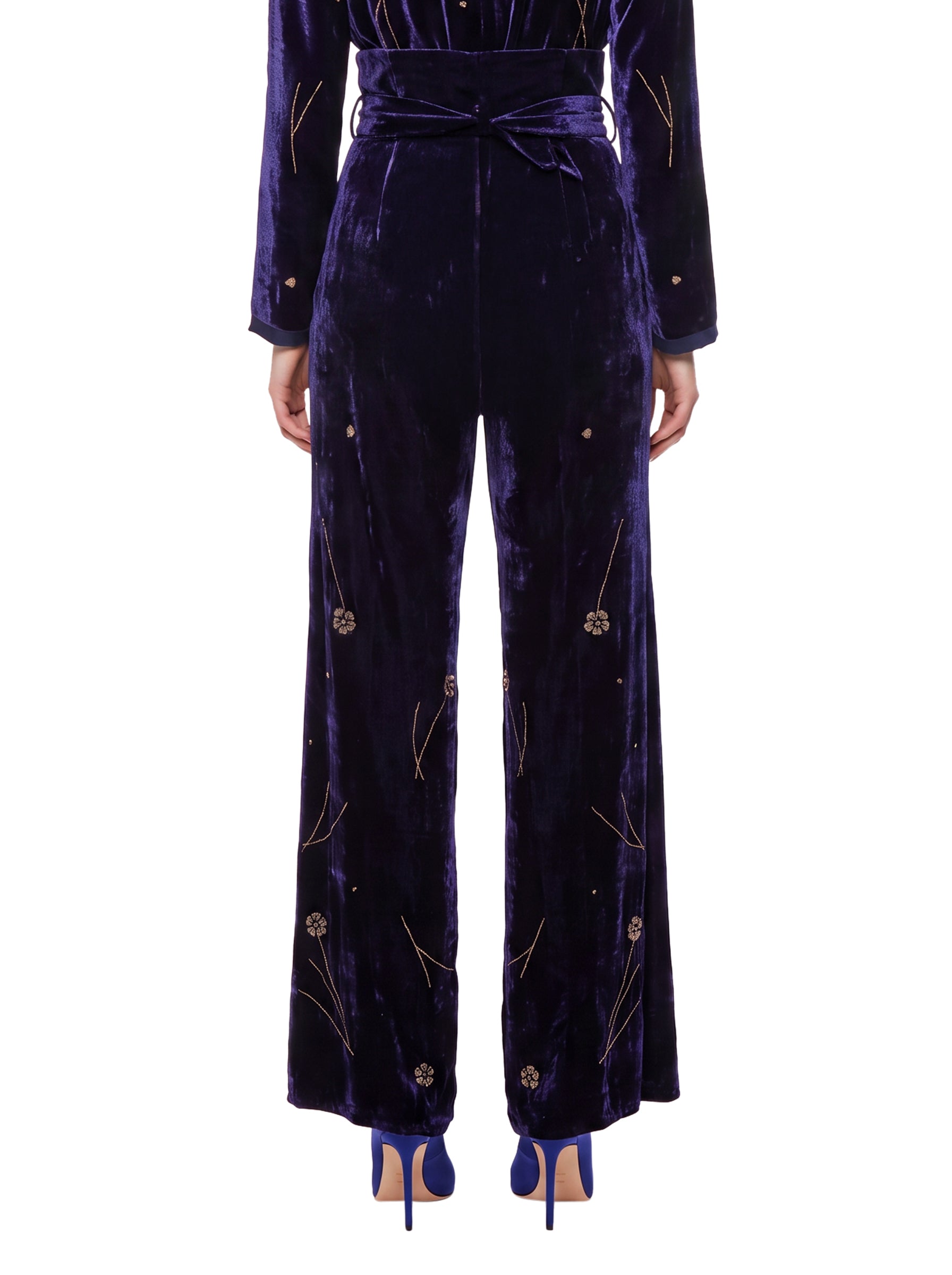Pantalone fleurs orient in velluto blu 