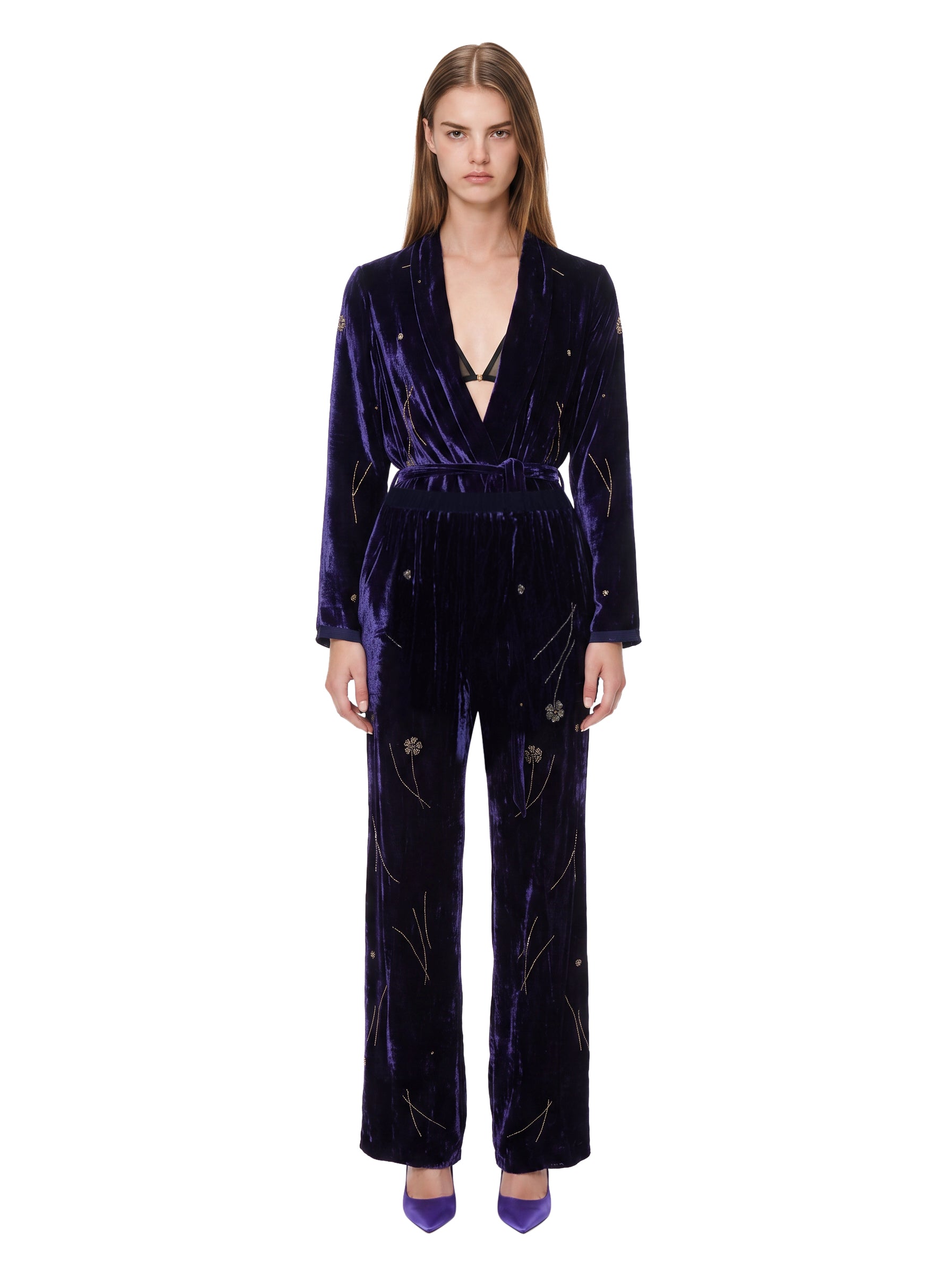 Pantalone fleurs orient in velluto blu 