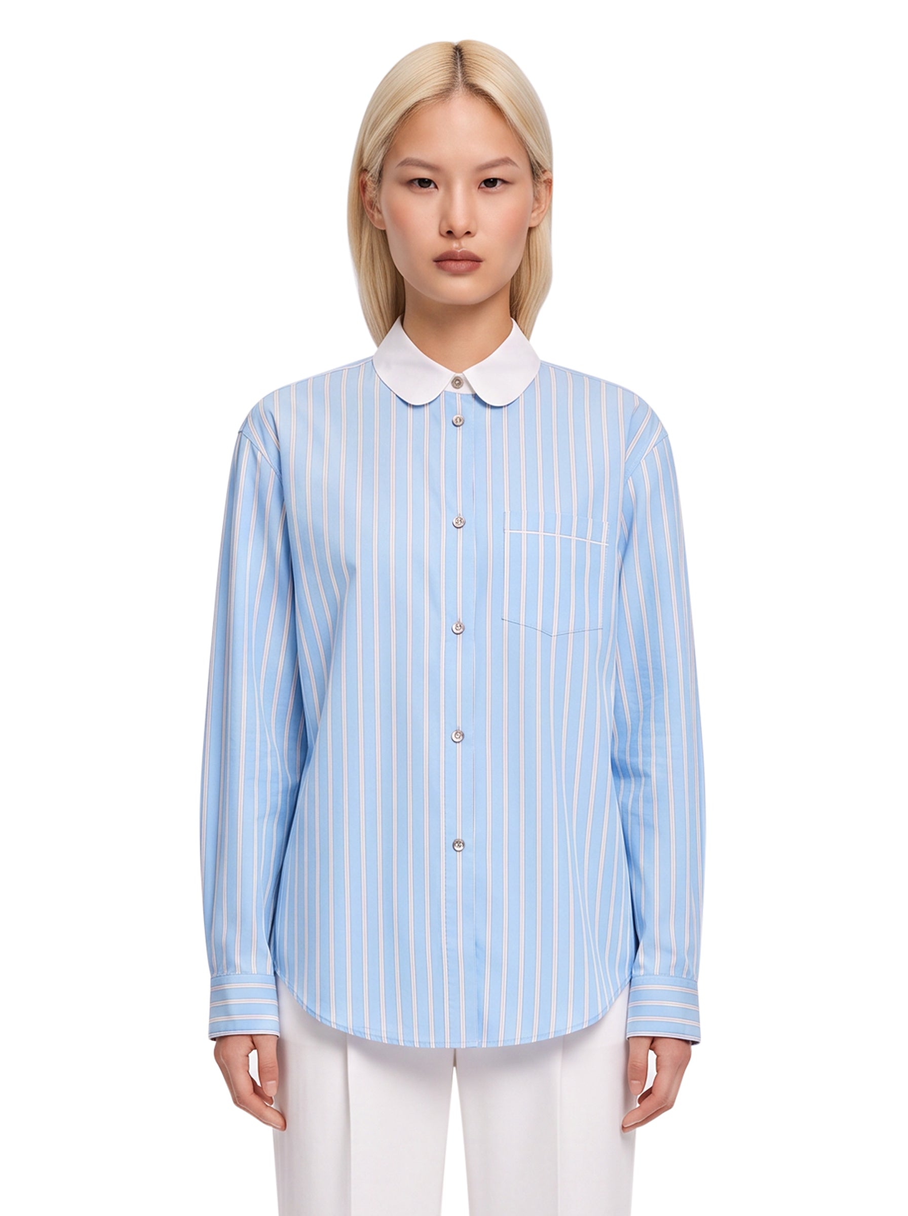 Camicia in popeline a righe satinate in celeste 