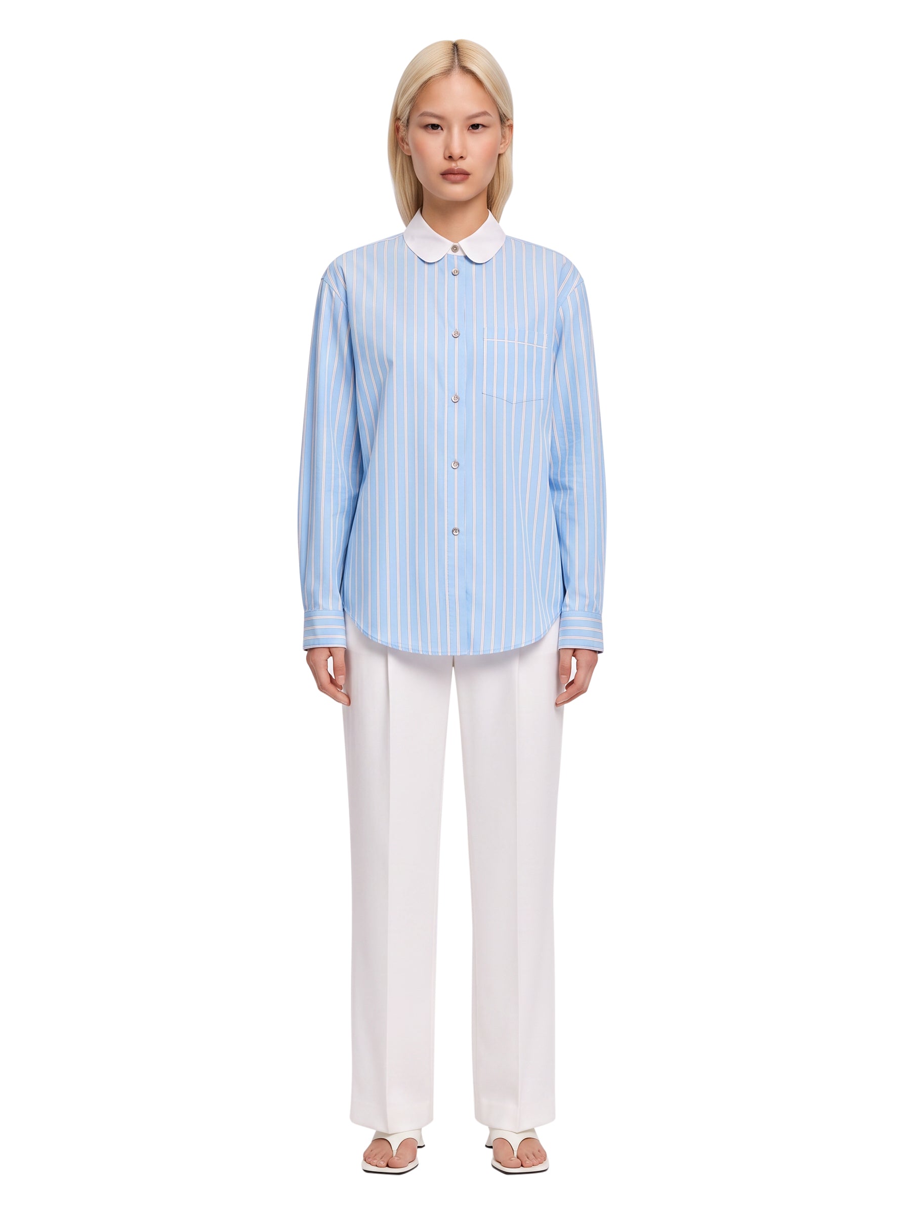 Camicia in popeline a righe satinate in celeste 
