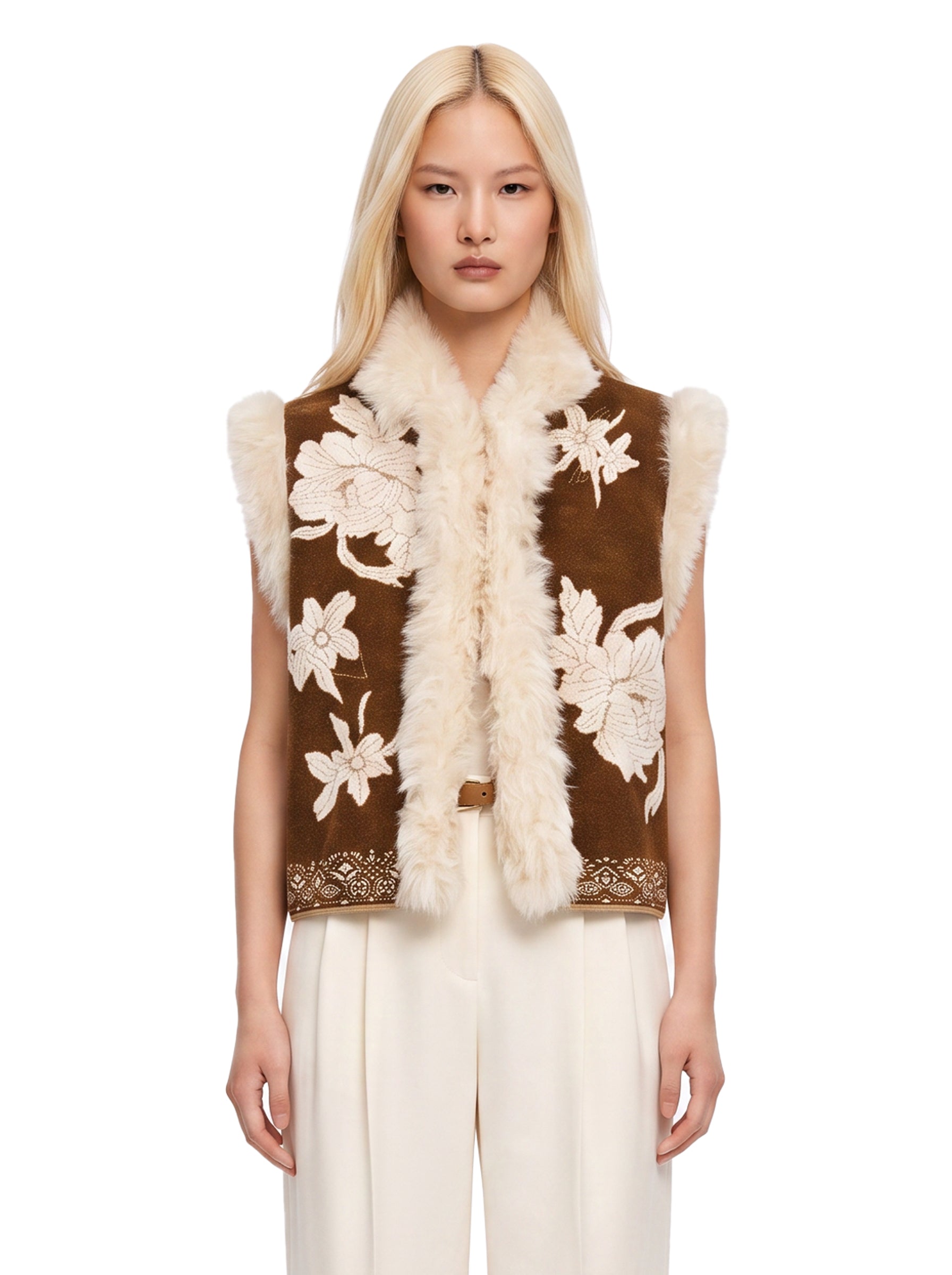 Gilet con dettagli in eco-pelliccia in marrone e beige 