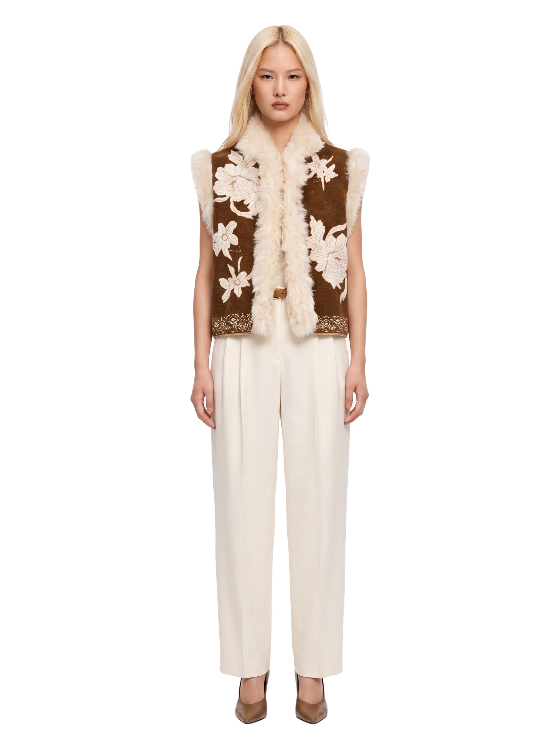 Gilet con dettagli in eco-pelliccia in marrone e beige 