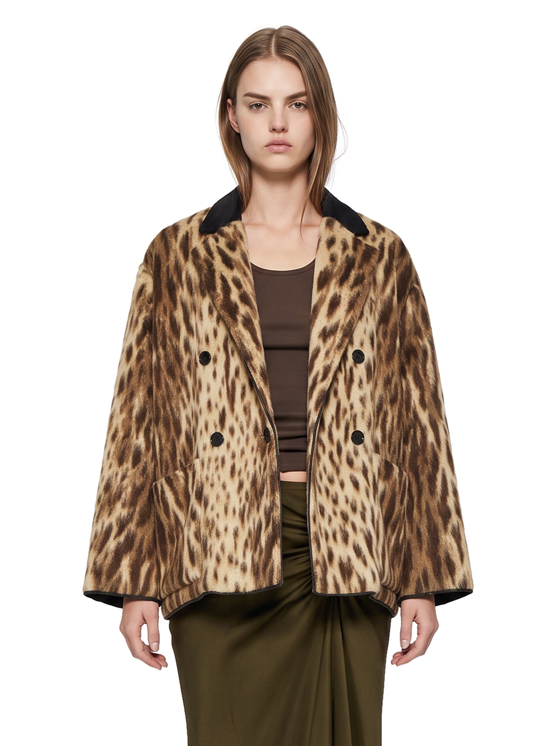 Cappotto corto royal leopard in jacquard marrone 