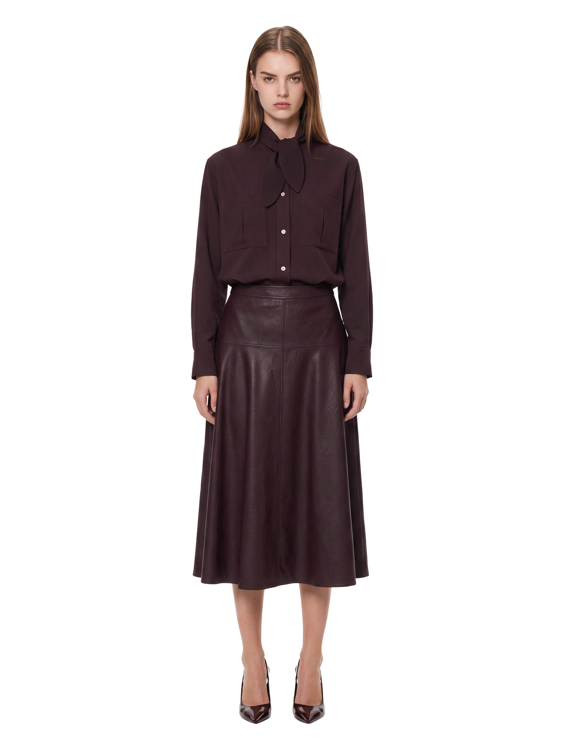 Gonna midi in ecopelle bordeaux 