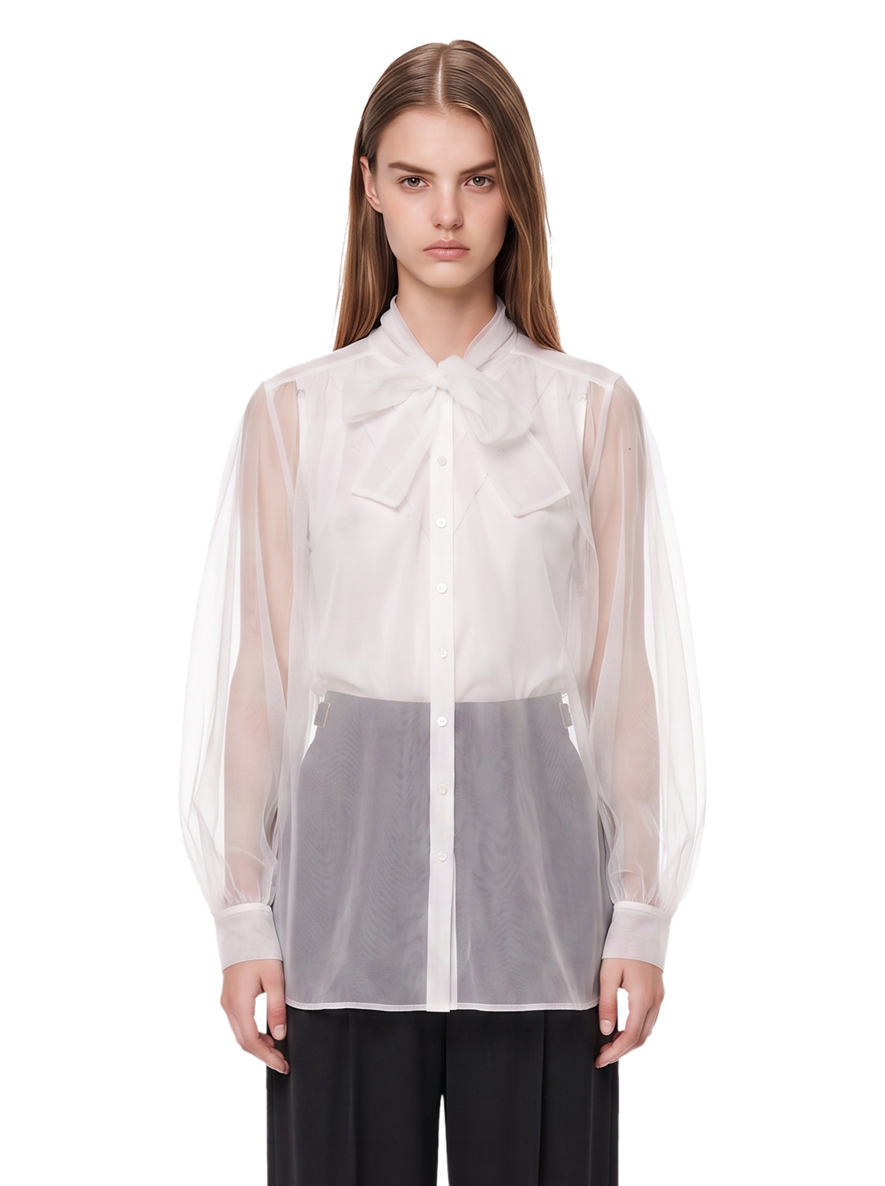 Camicia lavalliere in tulle bianco 