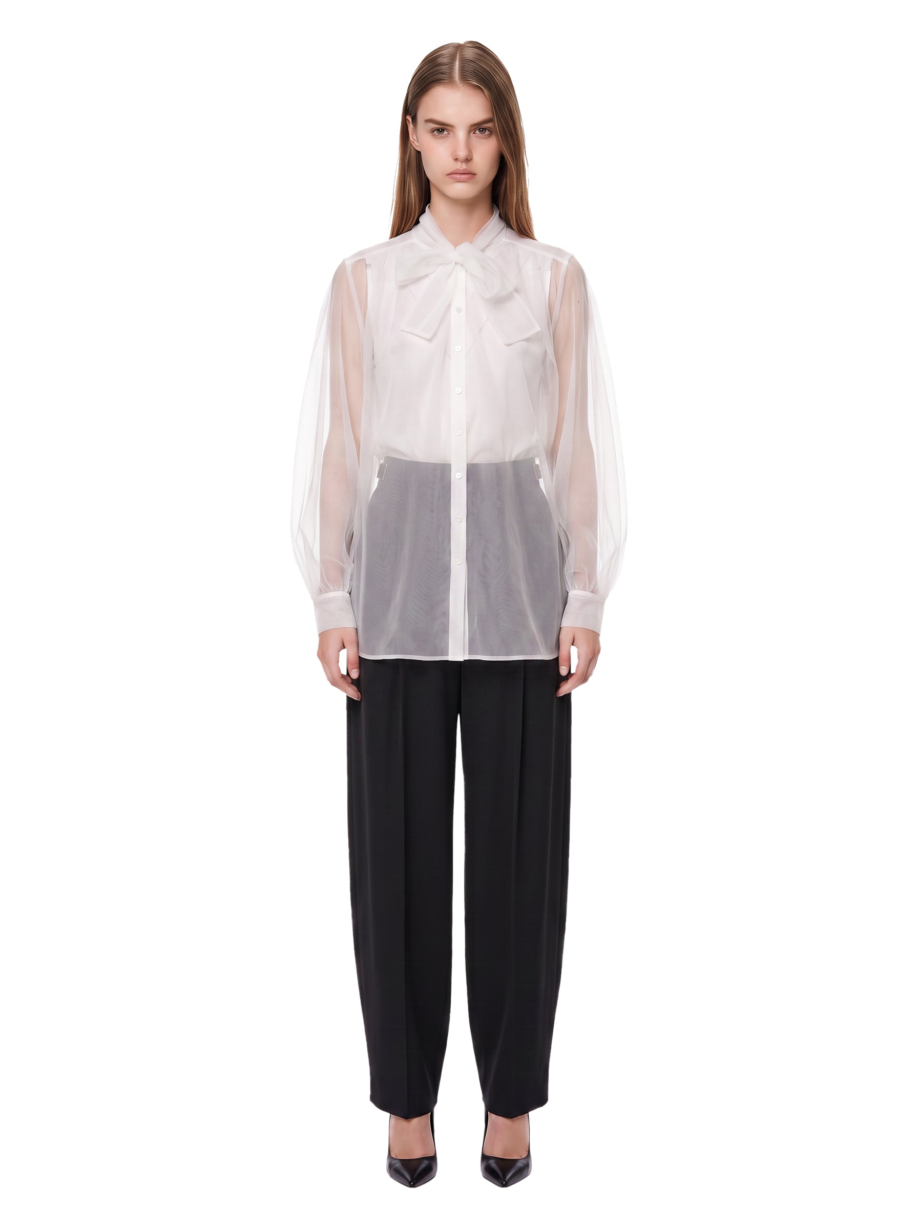 Camicia lavalliere in tulle bianco 