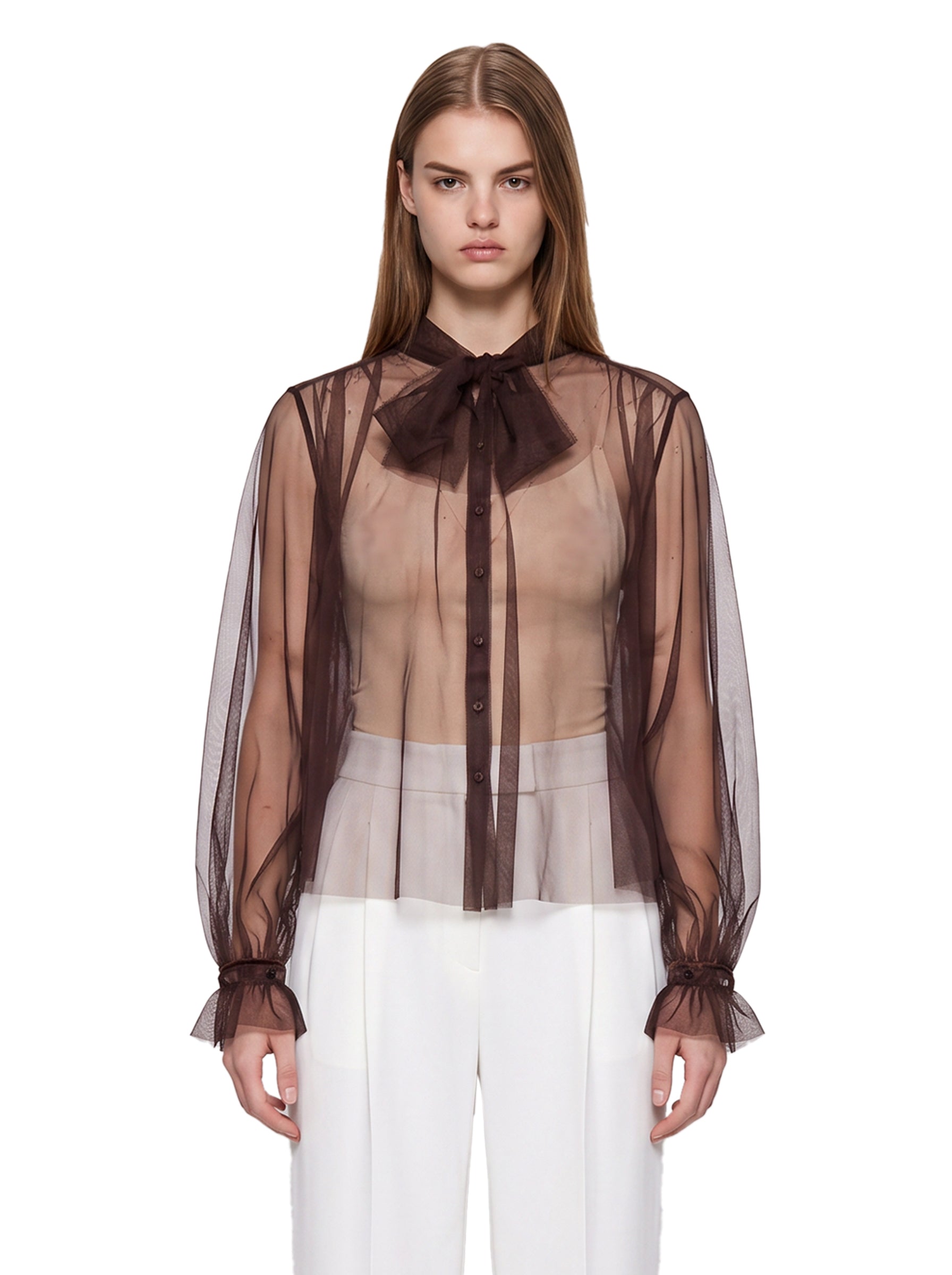Camicia lavalliere in tulle marrone 