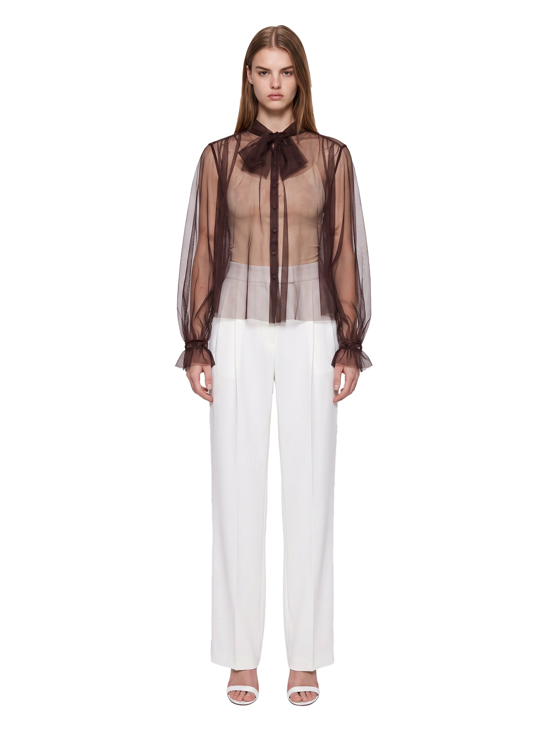 Camicia lavalliere in tulle marrone 