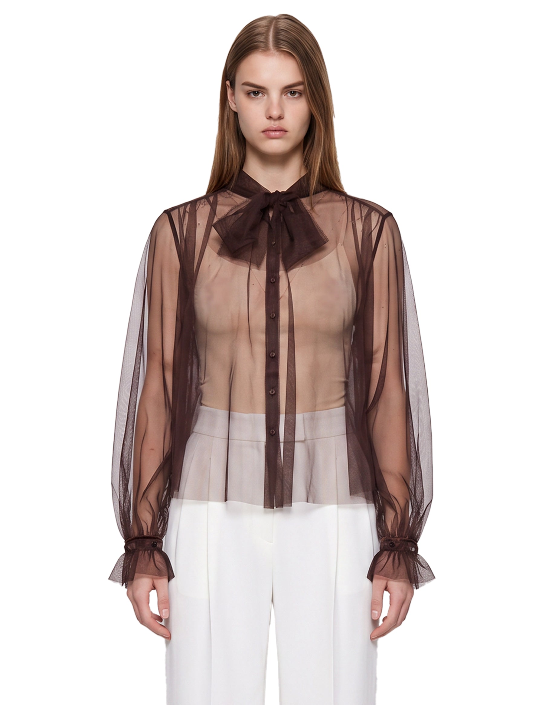 Camicia Lavalliere in tulle marrone 