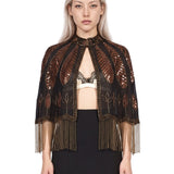 Mantella con frange ricami in marrone 