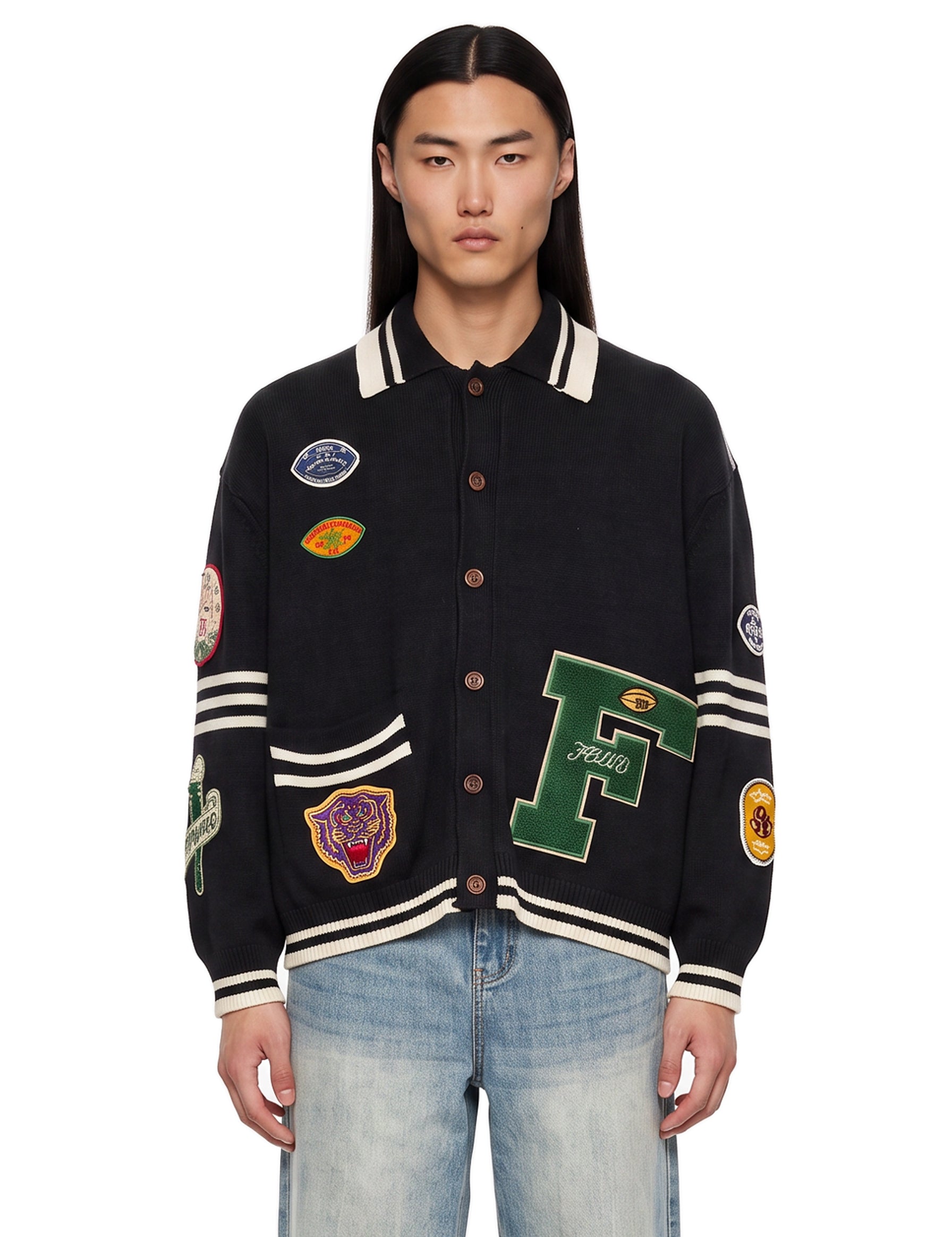 Cardigan con patch e colletto stile polo Varsity multicolore 