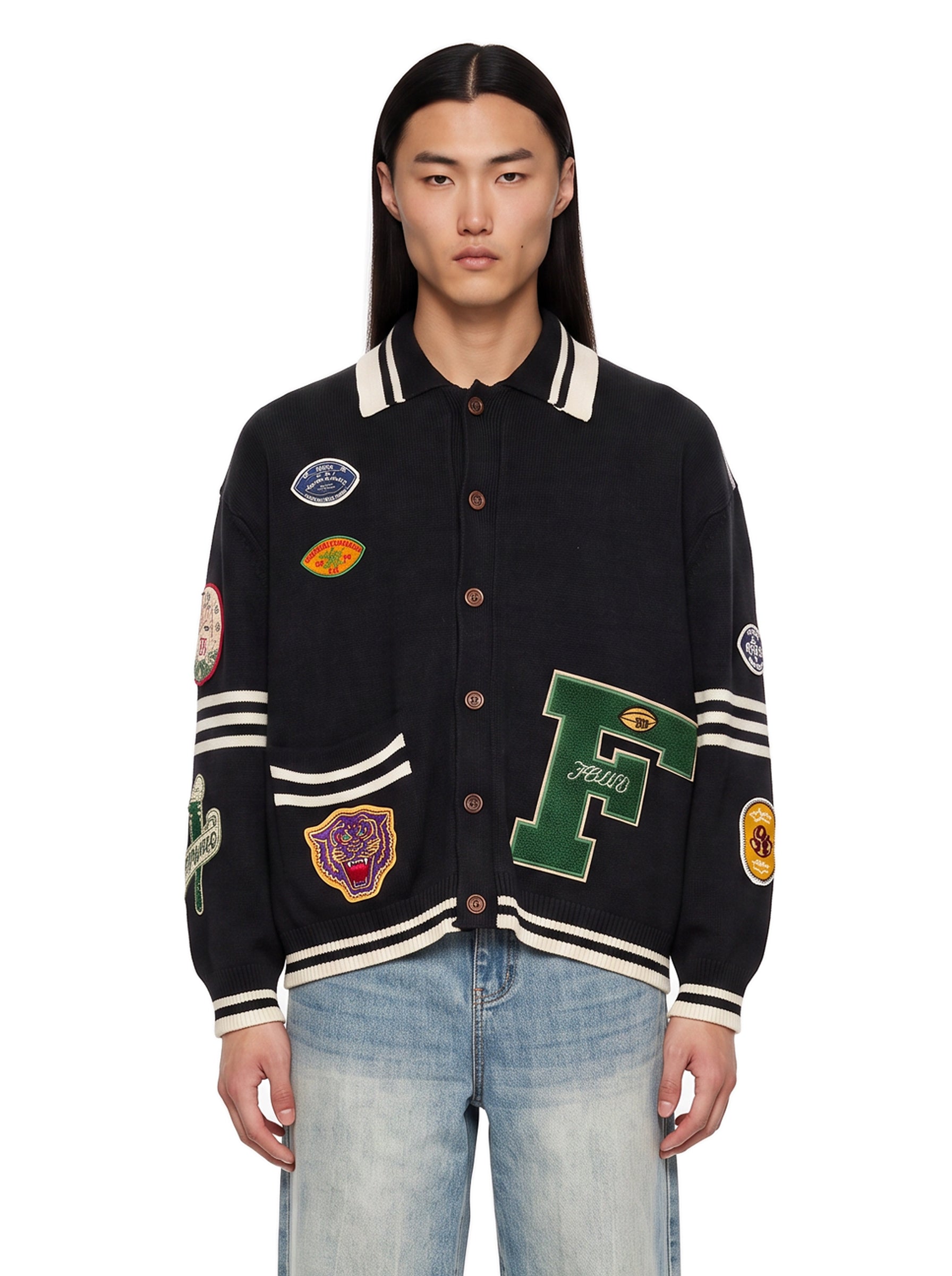 Cardigan con patch e colletto stile polo Varsity multicolore 