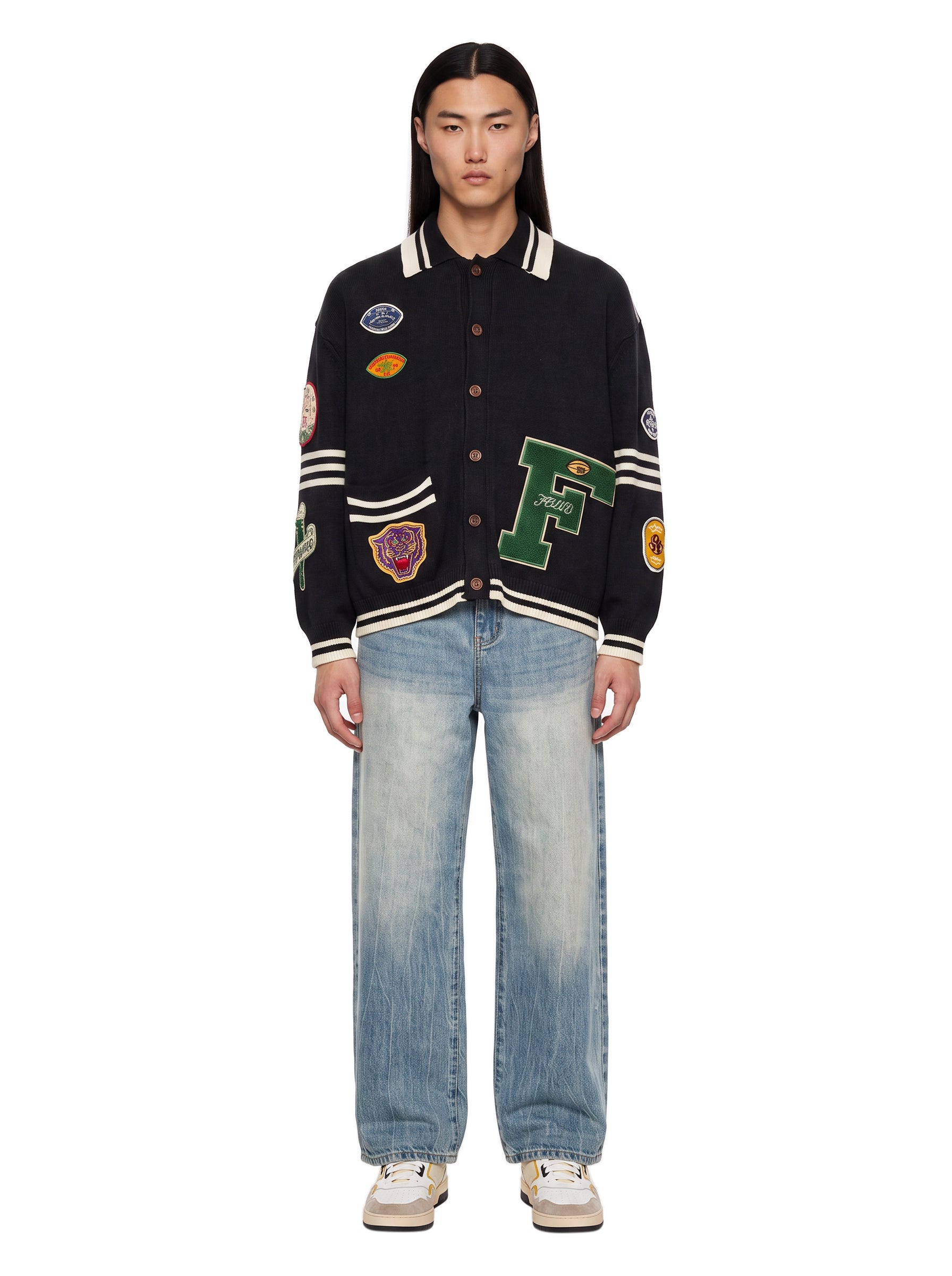 Cardigan con patch e colletto stile polo Varsity multicolore 