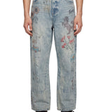 Jeans a gamba dritta con disegni hand art in celeste 