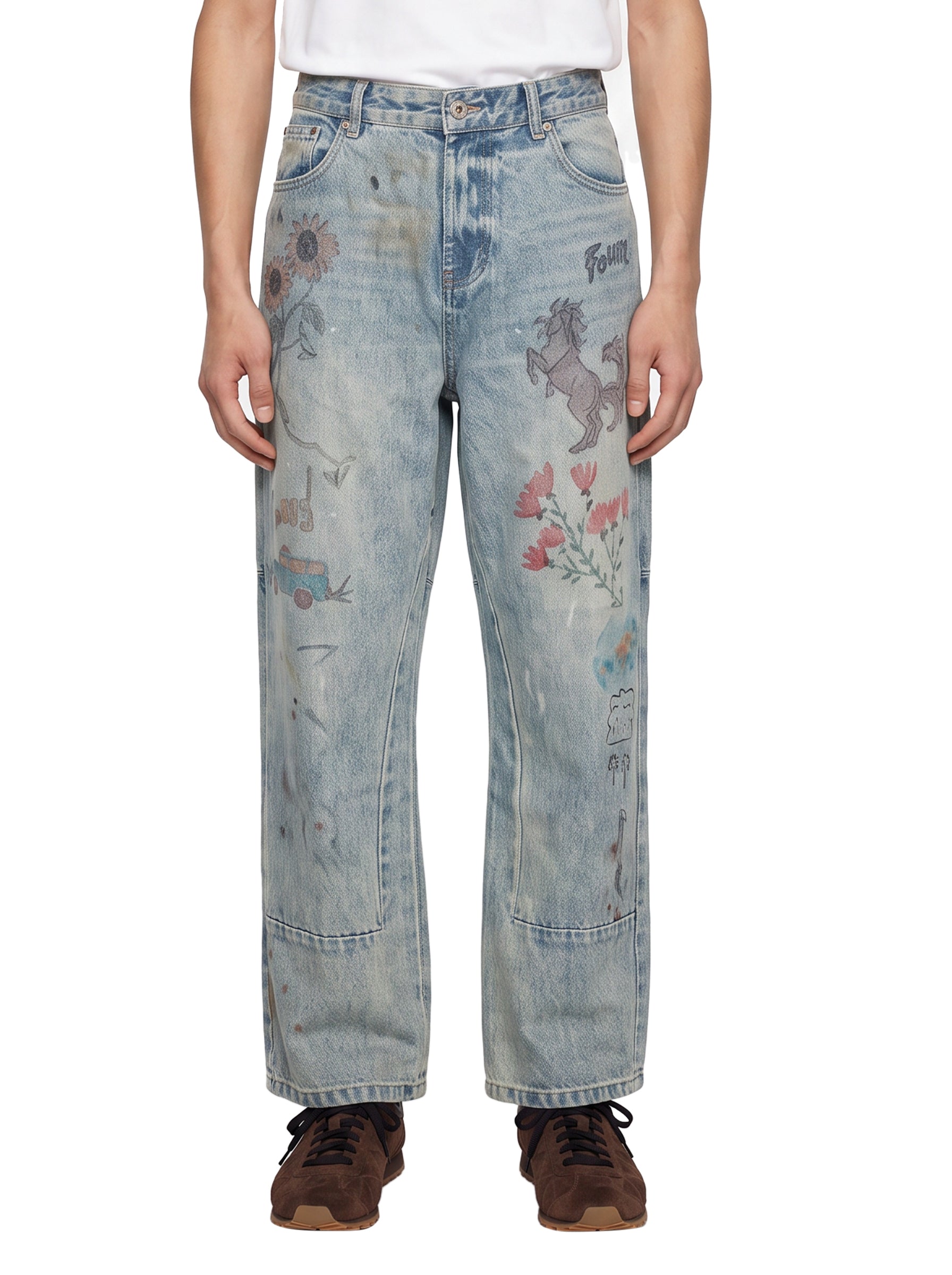Jeans a gamba dritta con disegni hand art in celeste 