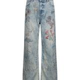 Jeans a gamba dritta con disegni hand art in celeste 