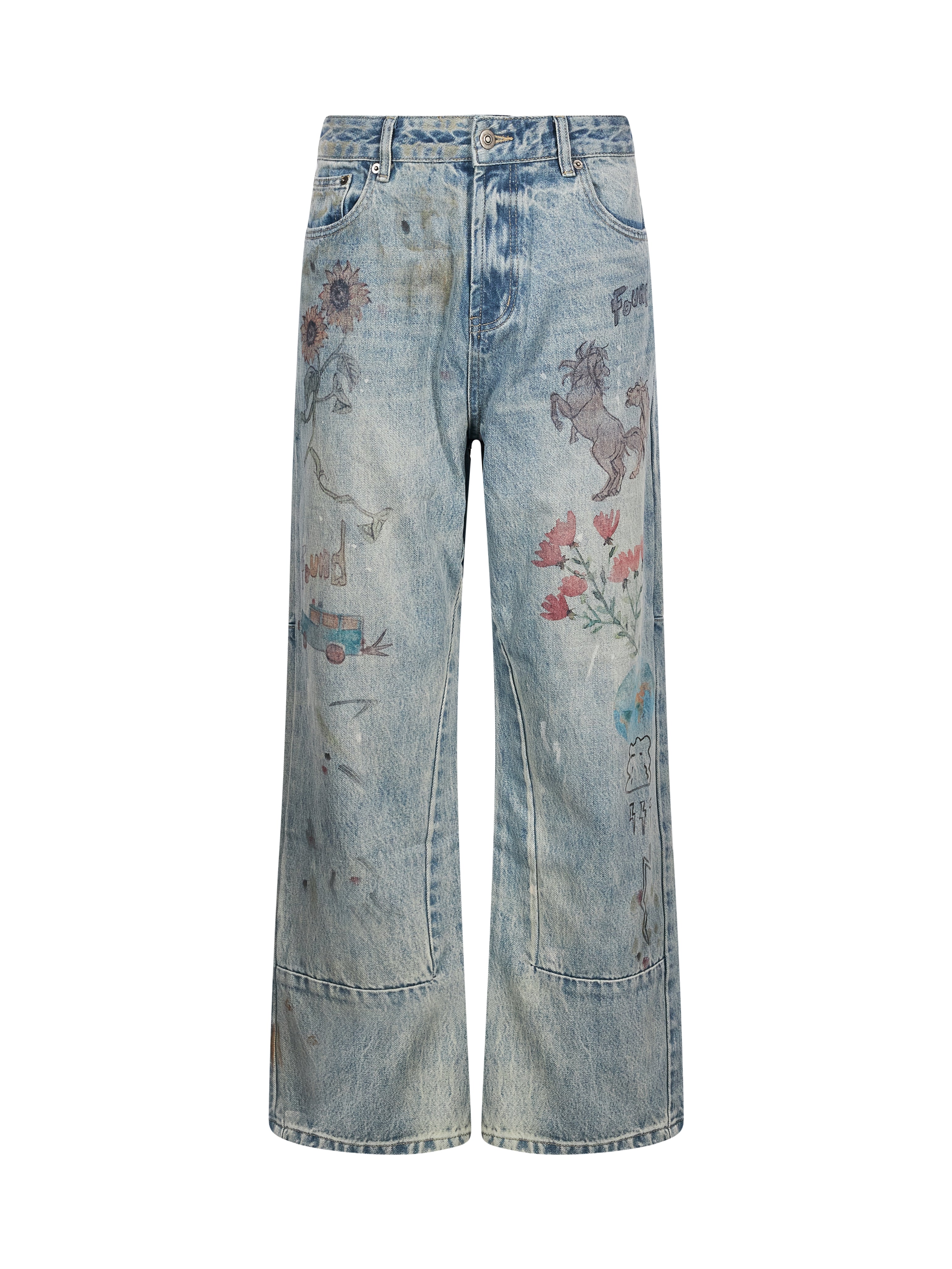 Jeans a gamba dritta con disegni hand art in celeste 