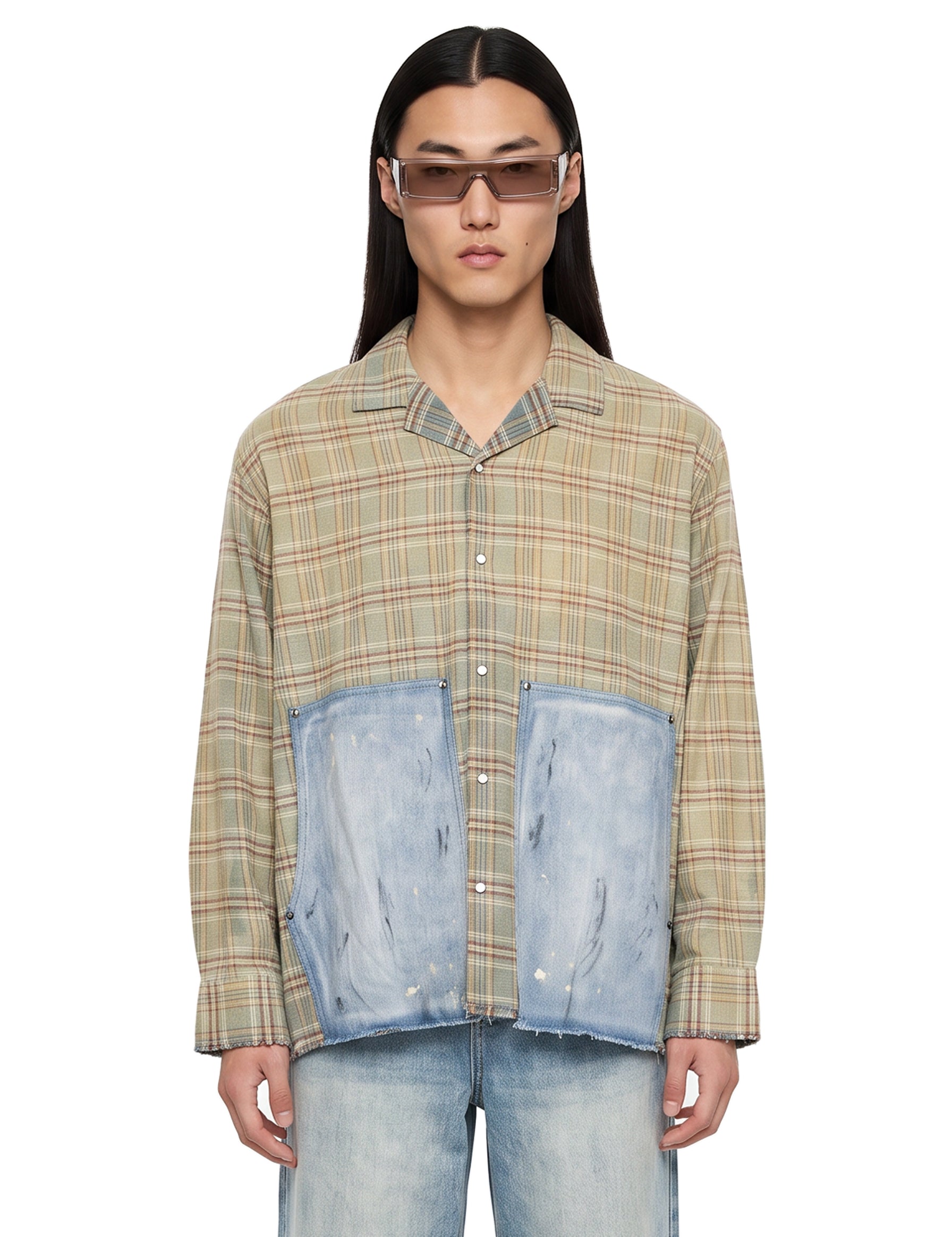 Camicia a quadri con dettagli in denim multicolore 
