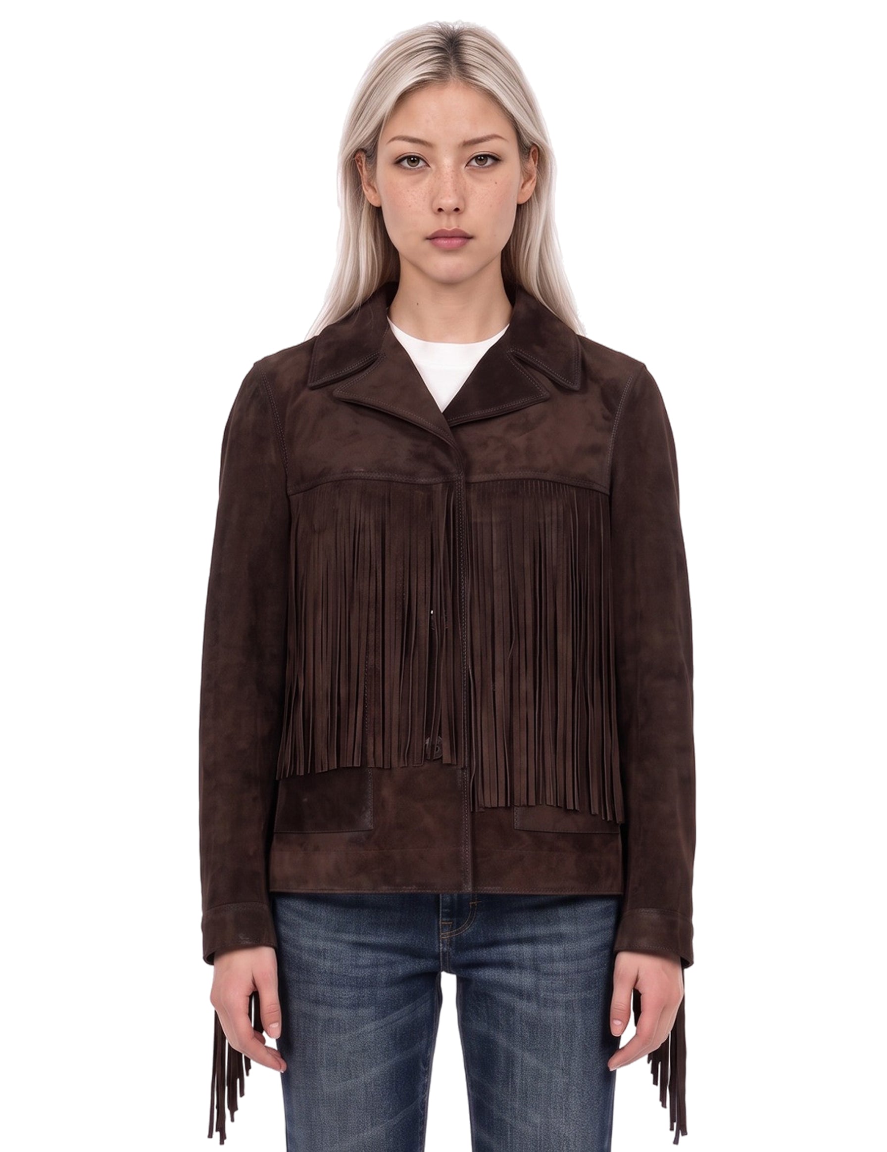 Giacca con frange scamosciata marrone 