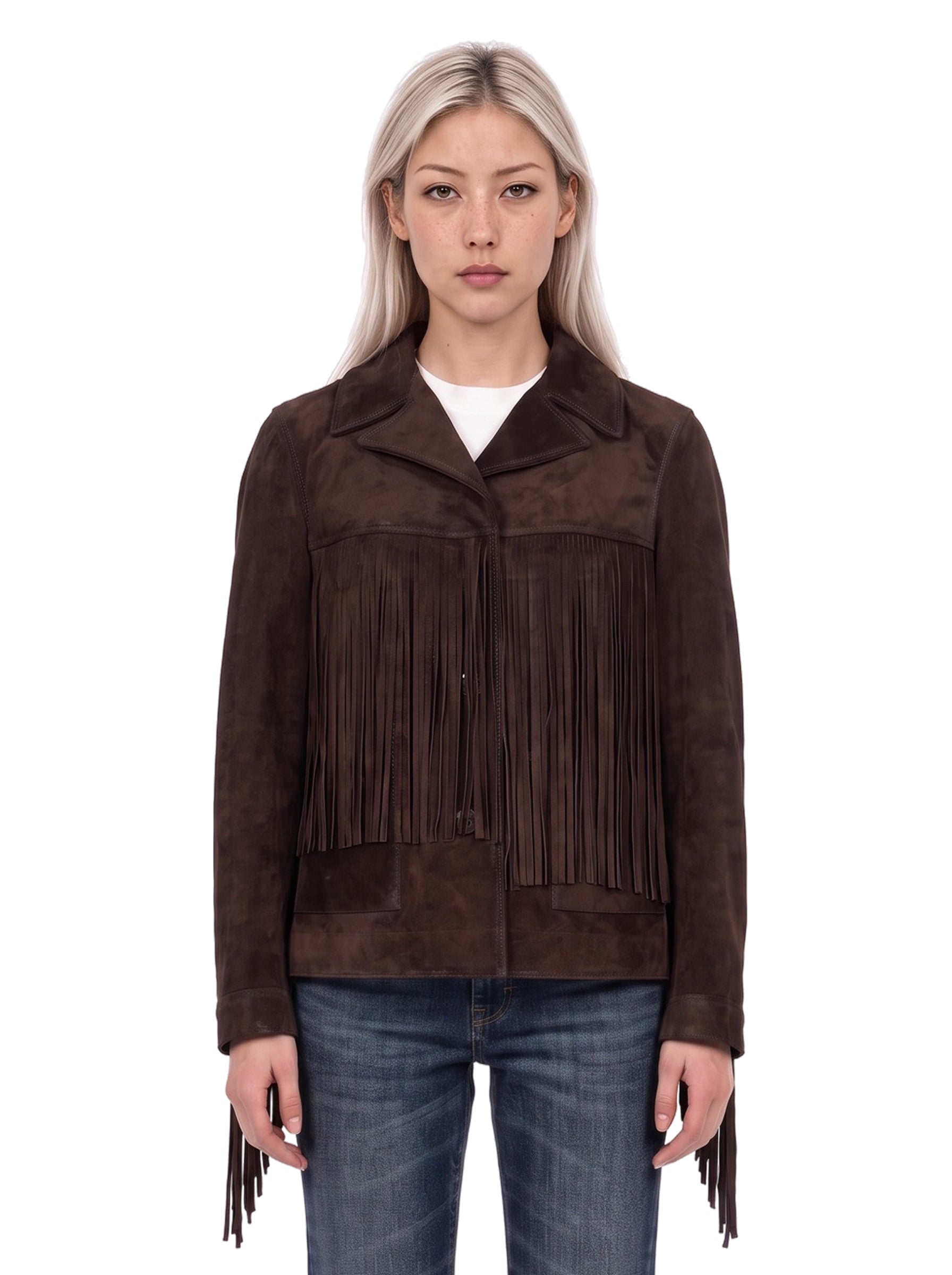 Giacca con frange scamosciata marrone 