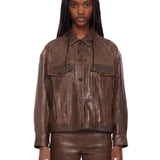 Giacca in pelle con dettagli floreali in marrone 