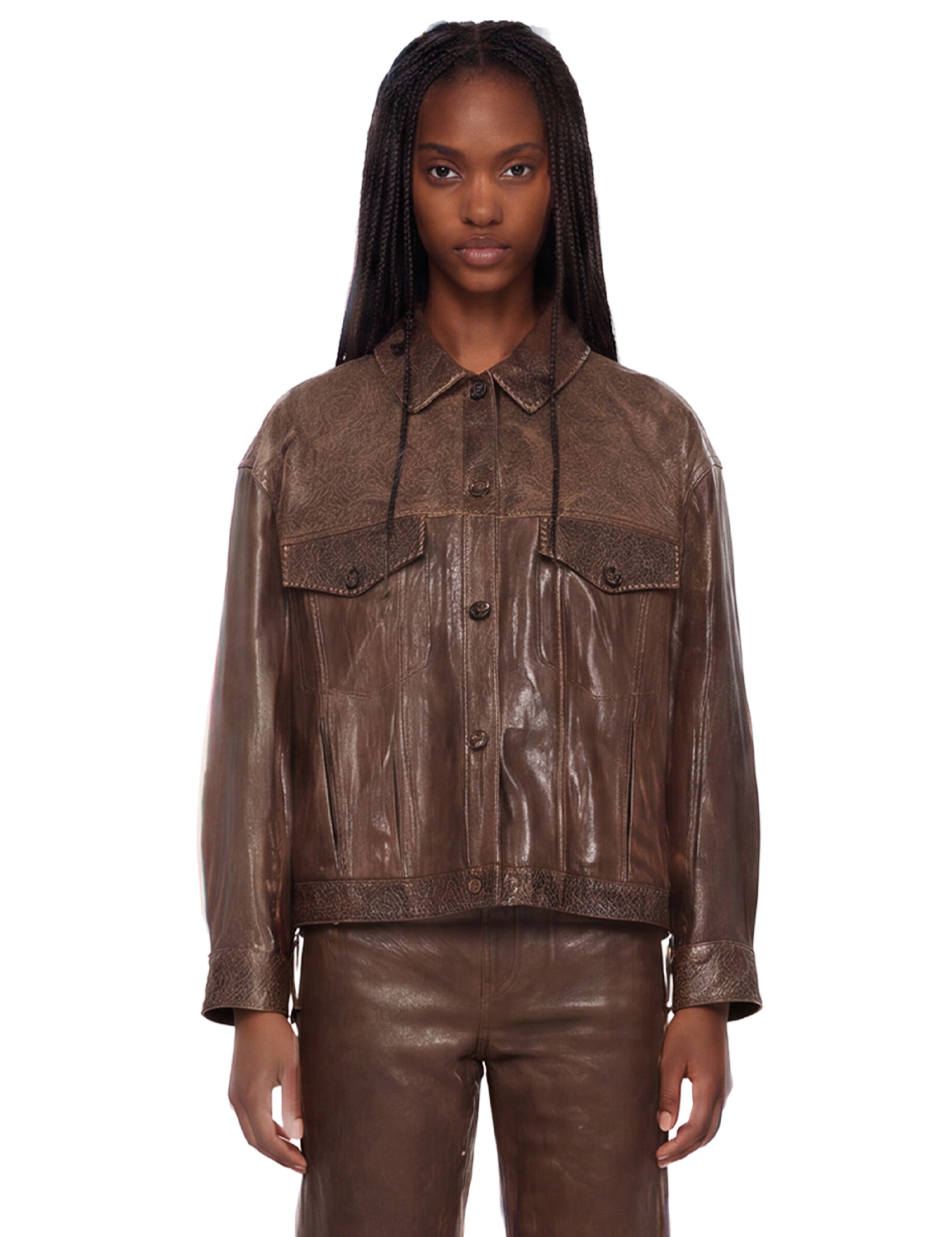 Giacca in pelle con dettagli floreali in marrone 
