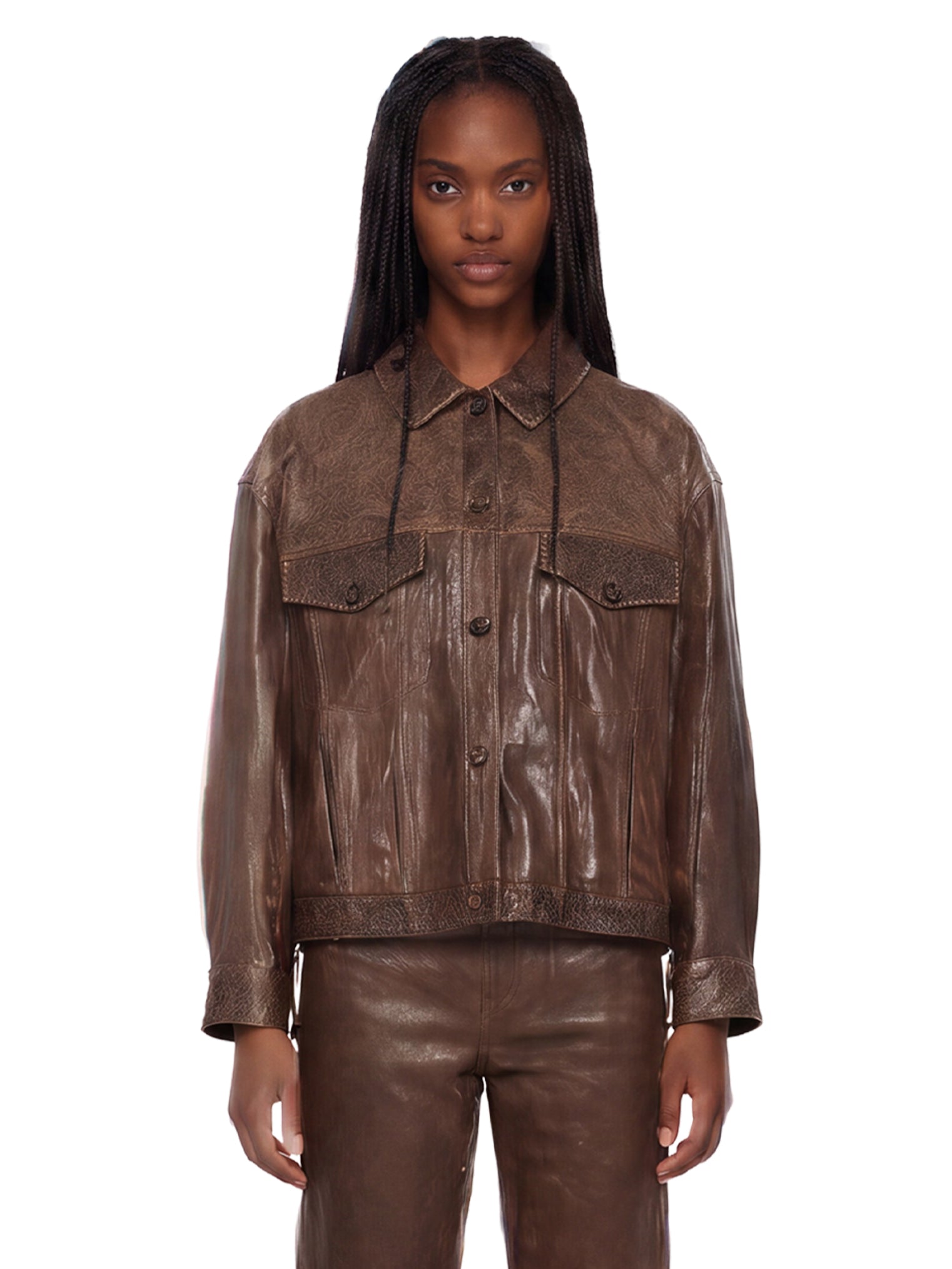 Giacca in pelle con dettagli floreali in marrone 